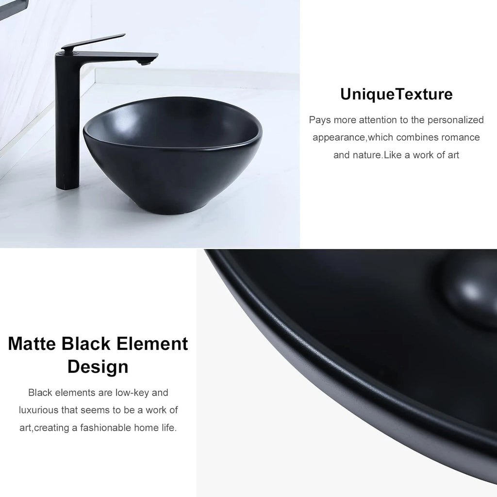 Ceramic Black Oval Vessel Sink with Pop Up Drain (15.7" x 13")