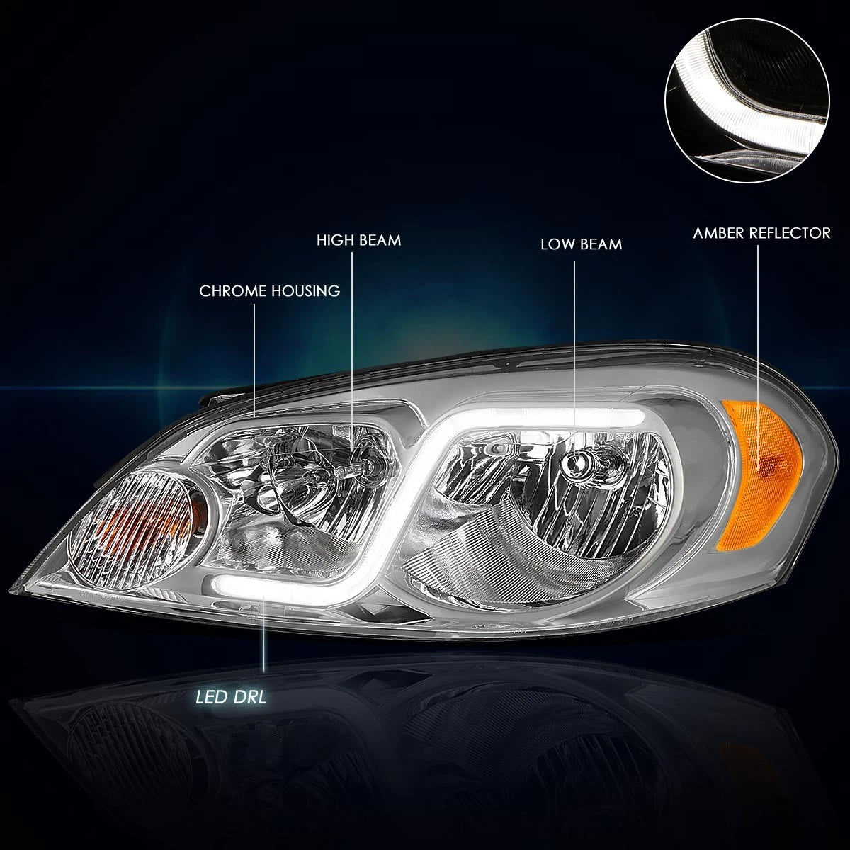 Headlight with LED DRL Chrome Housing for Chevy Impala (2006–2016)