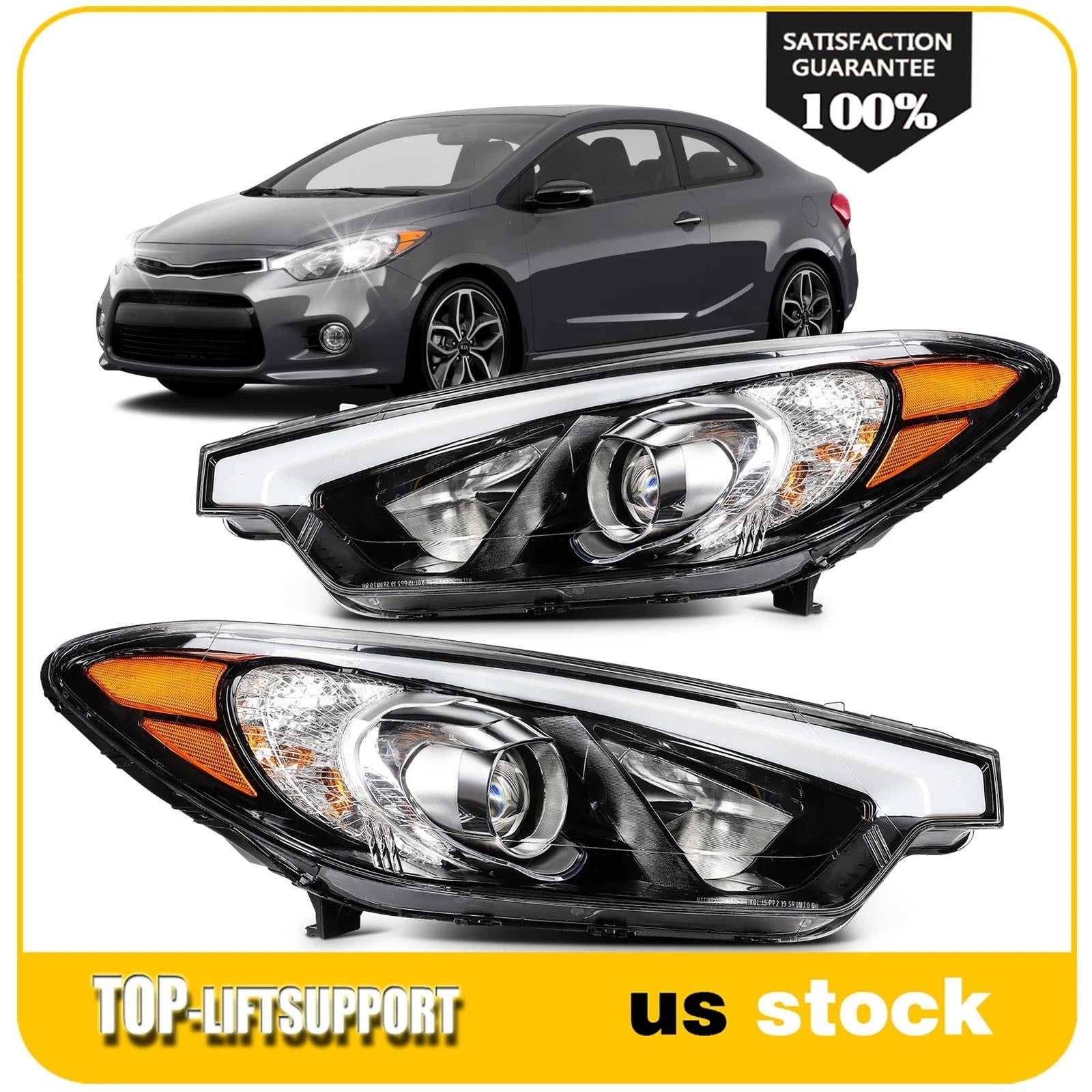 Headlight Assembly for Kia Forte (2014–2016) Black Housing Pair with Bulbs