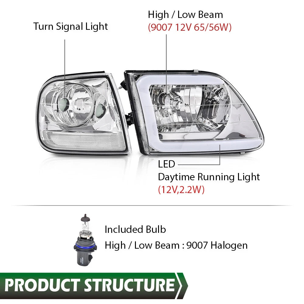 Chrome LED DRL Headlights for Ford F150/Expedition (1997–2003)