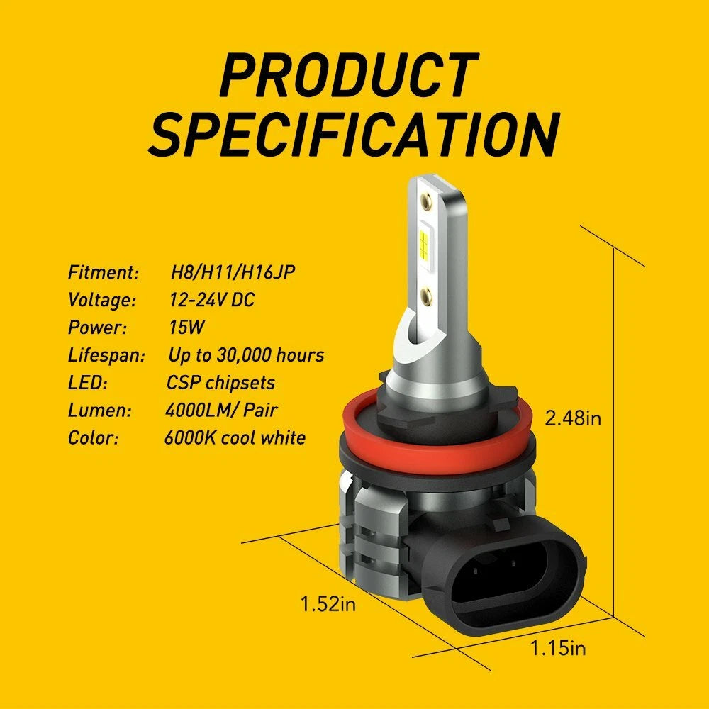 2X H11 H16 H8 LED Fog Driving Light Bulbs for Cars (6000K)
