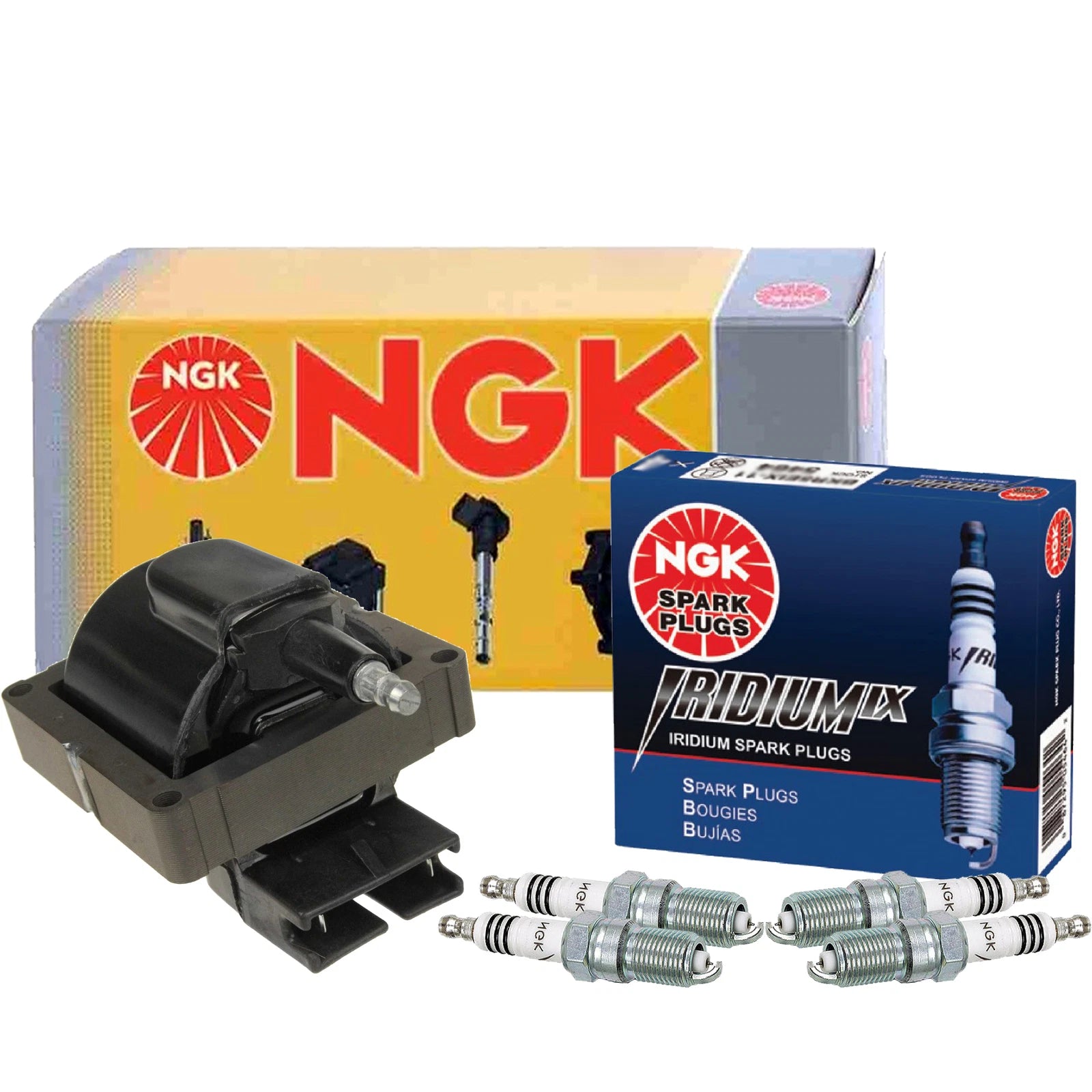 NGK HEI Ignition Coil & 4 Iridium IX Spark Plugs for Ford Mercury 2.3