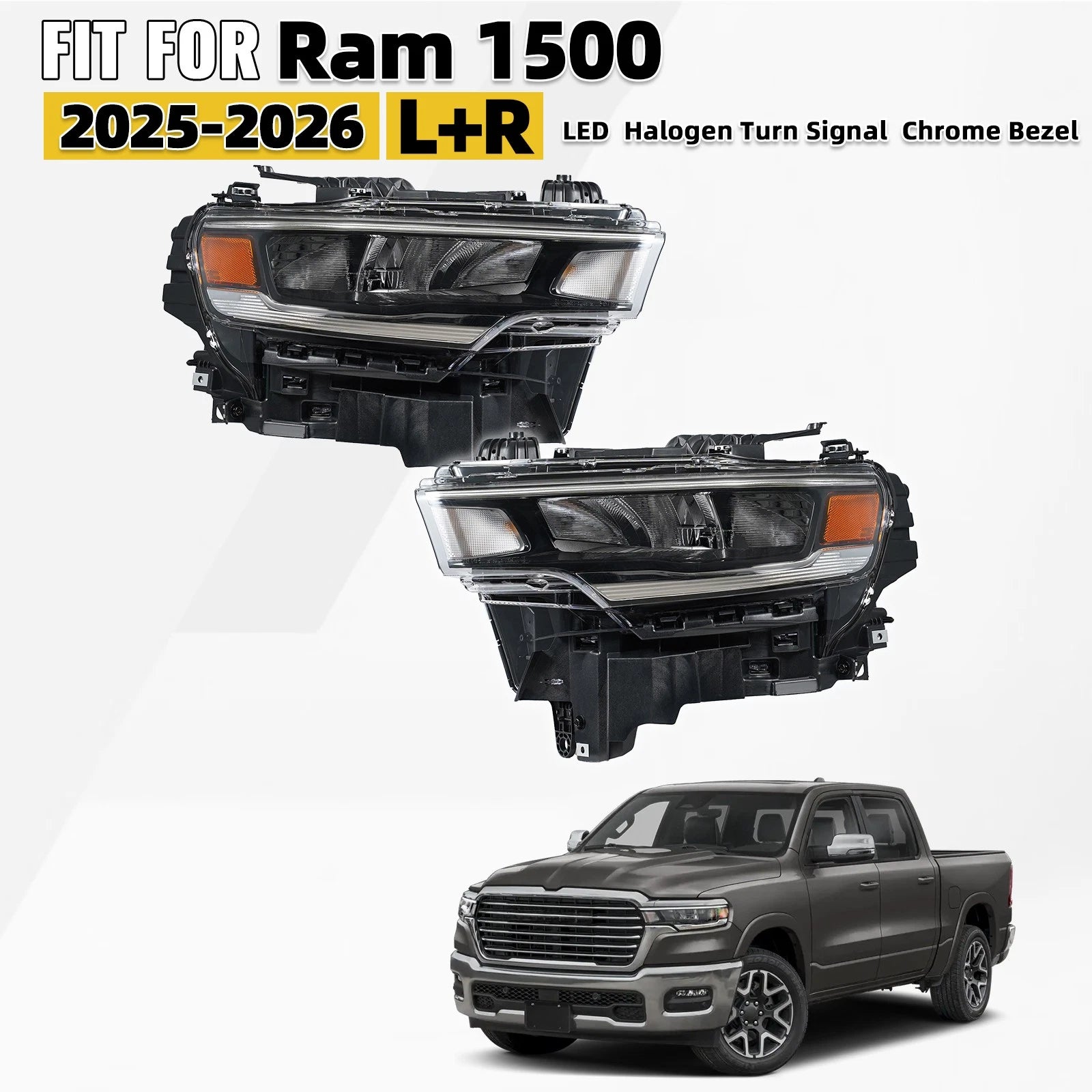 Set of 2 LED Headlight Halogen Turn Signal Chrome Bezel for Ram 1500 (2025–2026)