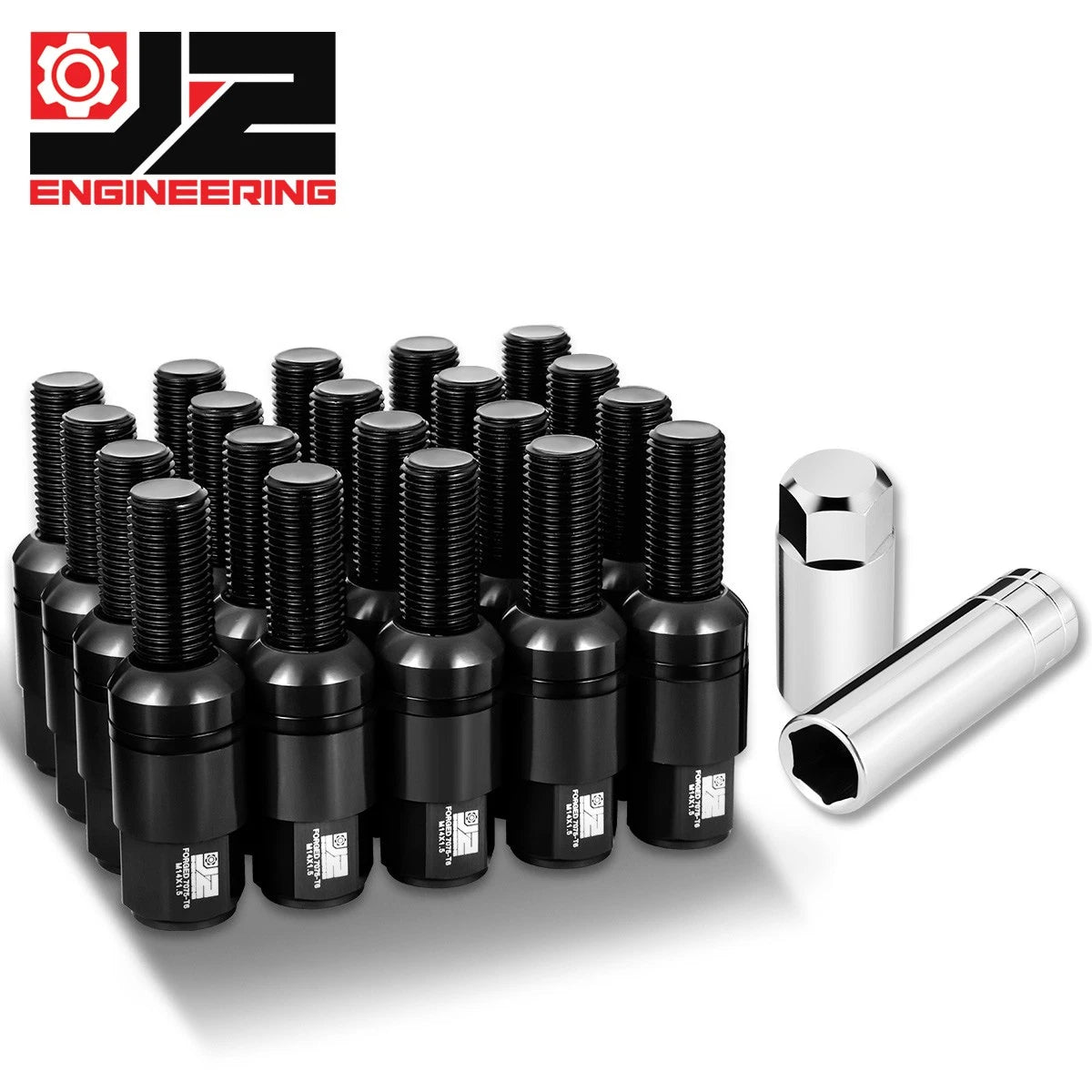 Set of 20 J2 Aluminum Black Closed End Lug Nuts M14x1.5 (23mm OD, 76mm H)