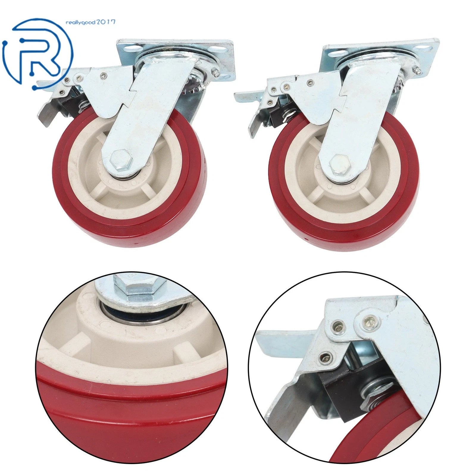 Set of 4 Red 6-Inch PU Casters with Brakes