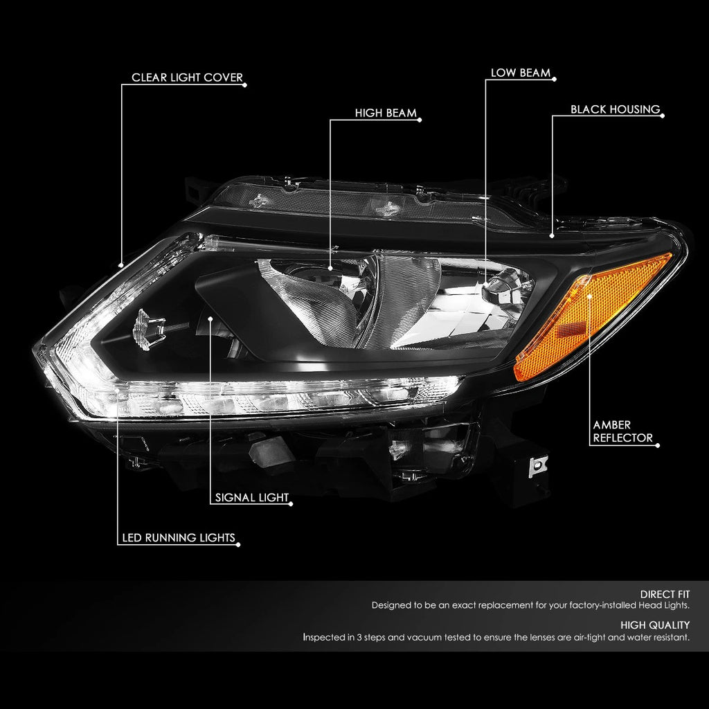 LED DRL Pair for Nissan Rogue (2014–2016) Black/Amber Headlights + Tool Box