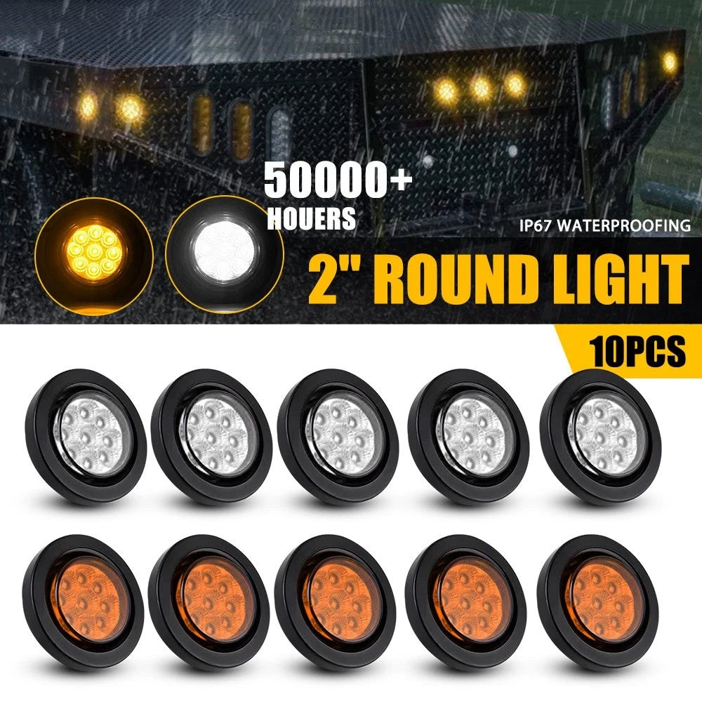 10x 2" Round White Amber 9 LED Side Marker Lights for Trailer Truck RV