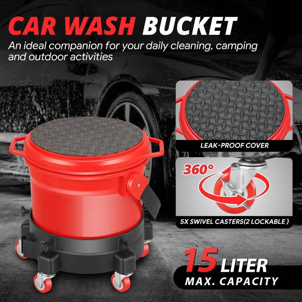 Car Wash Bucket Dolly with Lid and Dirt Trap for Universal Use (15L)