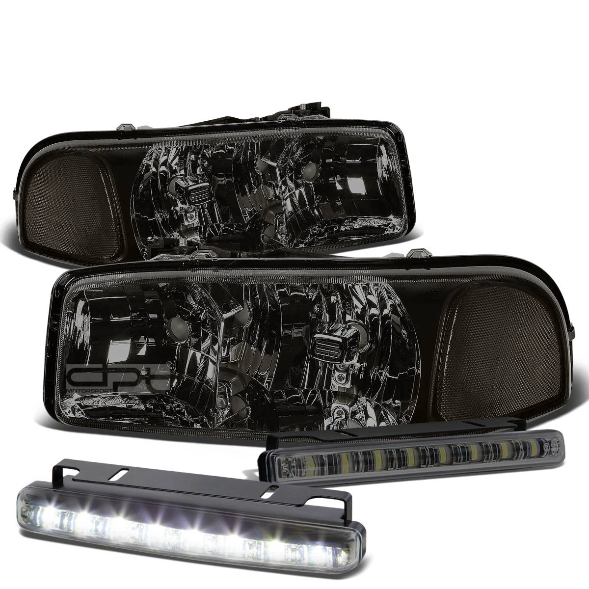 Smoked Housing Headlights + Clear Corners + LED Fog Light Kit for GMC Sierra/Yukon (1999–2006)
