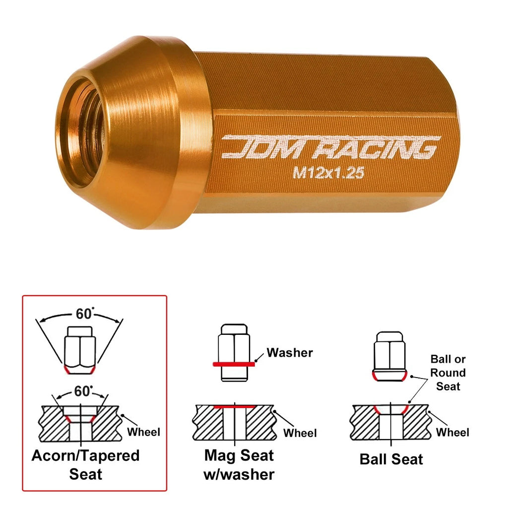 20Pc M12X1.25 Orange JDM Closed End Cone Hex Wheel Lug Nuts + Extension 25mmx50mm