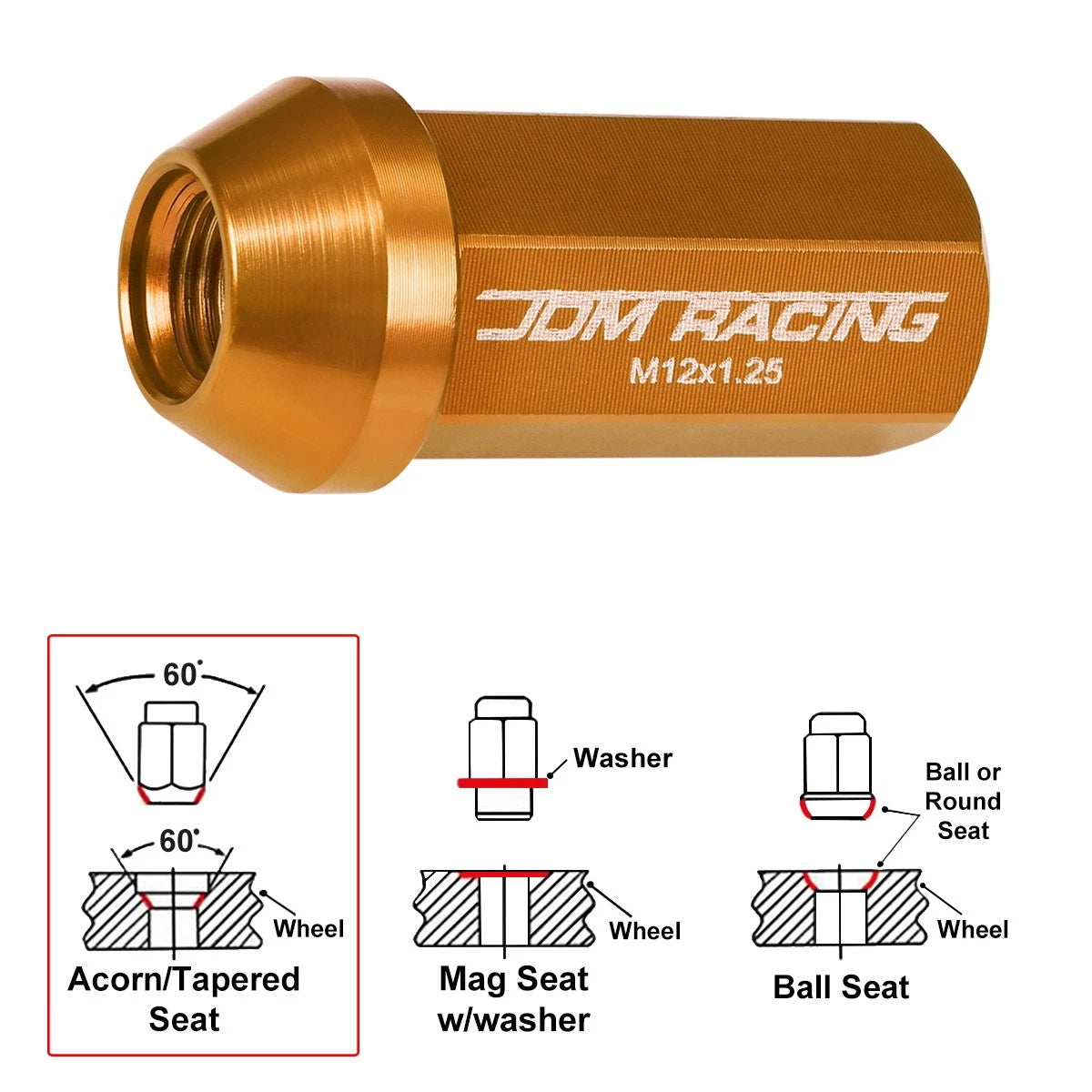 20Pc M12X1.25 Orange JDM Closed End Cone Hex Wheel Lug Nuts + Extension 25mmx50mm
