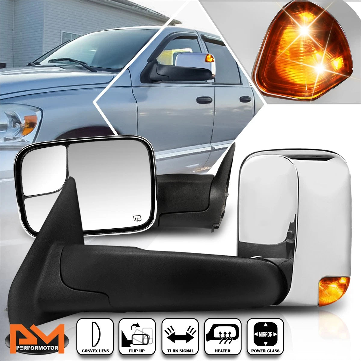 Power Heated Chrome Towing Mirror with LED Signal for Dodge Ram 1500-3500 (2002–2009)