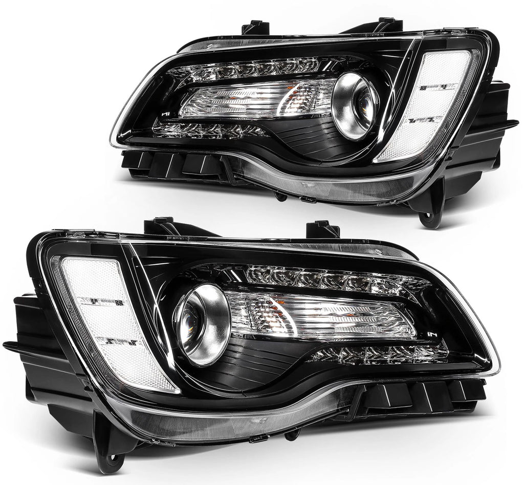 2X Headlights with Bulbs for Chrysler 300 (2015–2023) Black