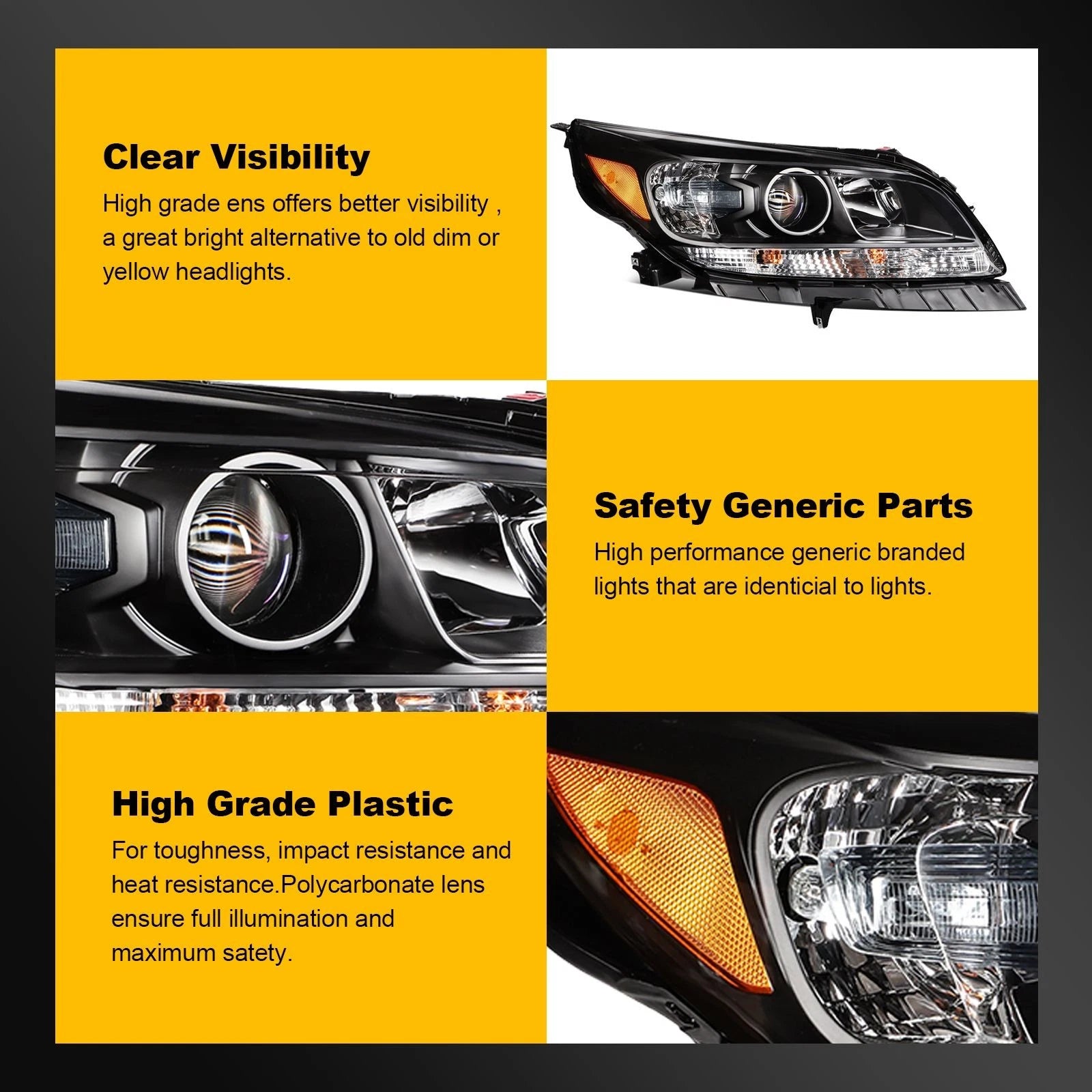 Headlight Assembly for Chevy Malibu (2013–2015) Black Housing with Bulbs