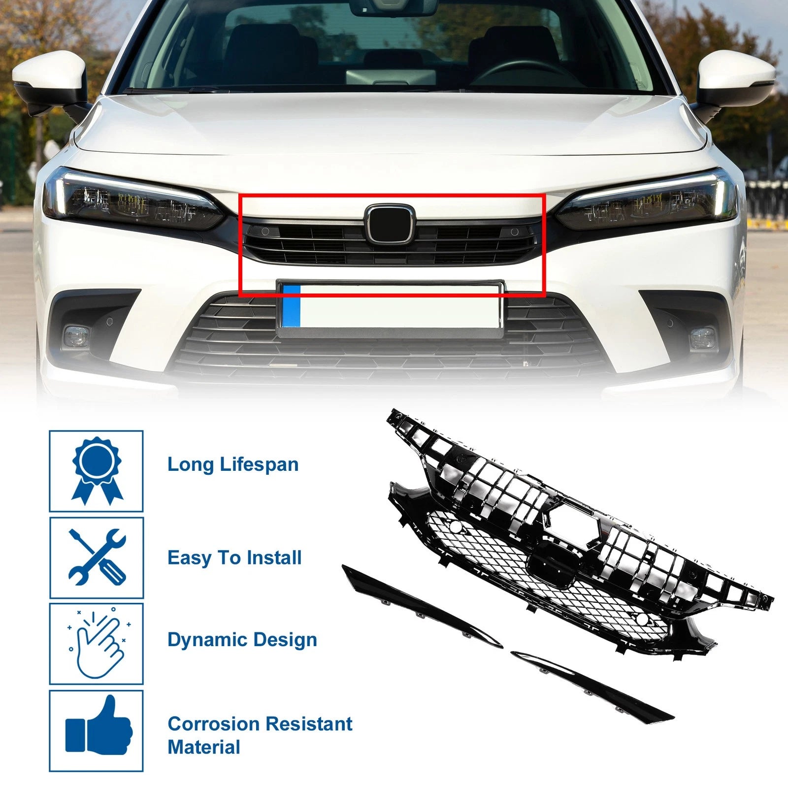 Front Hood Bumper Grille for Honda Civic (2016–2021) Rock Style with Hole