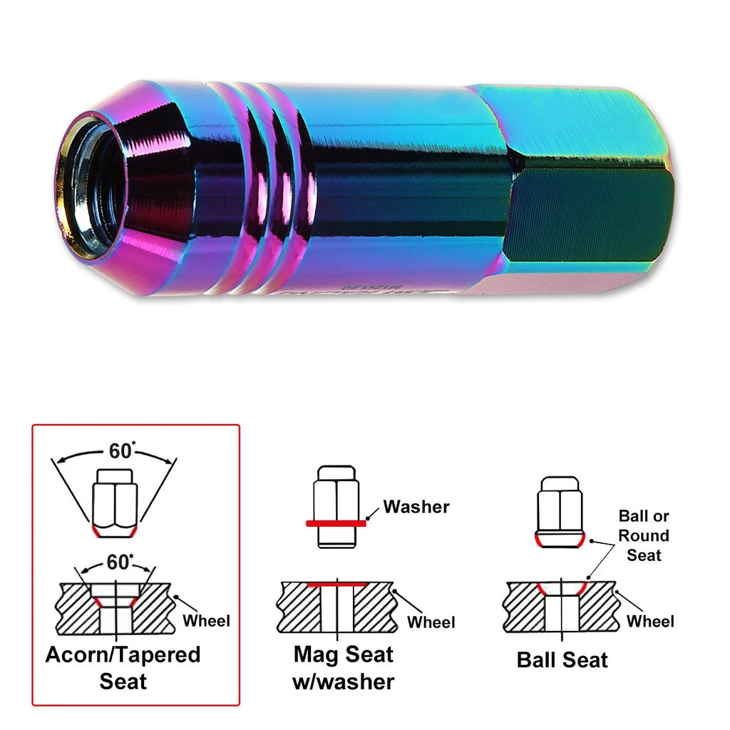 Set of 20 M12X1.5 Neo Chrome Open End Conical Wheel Lug Nuts + Extension 20mm
