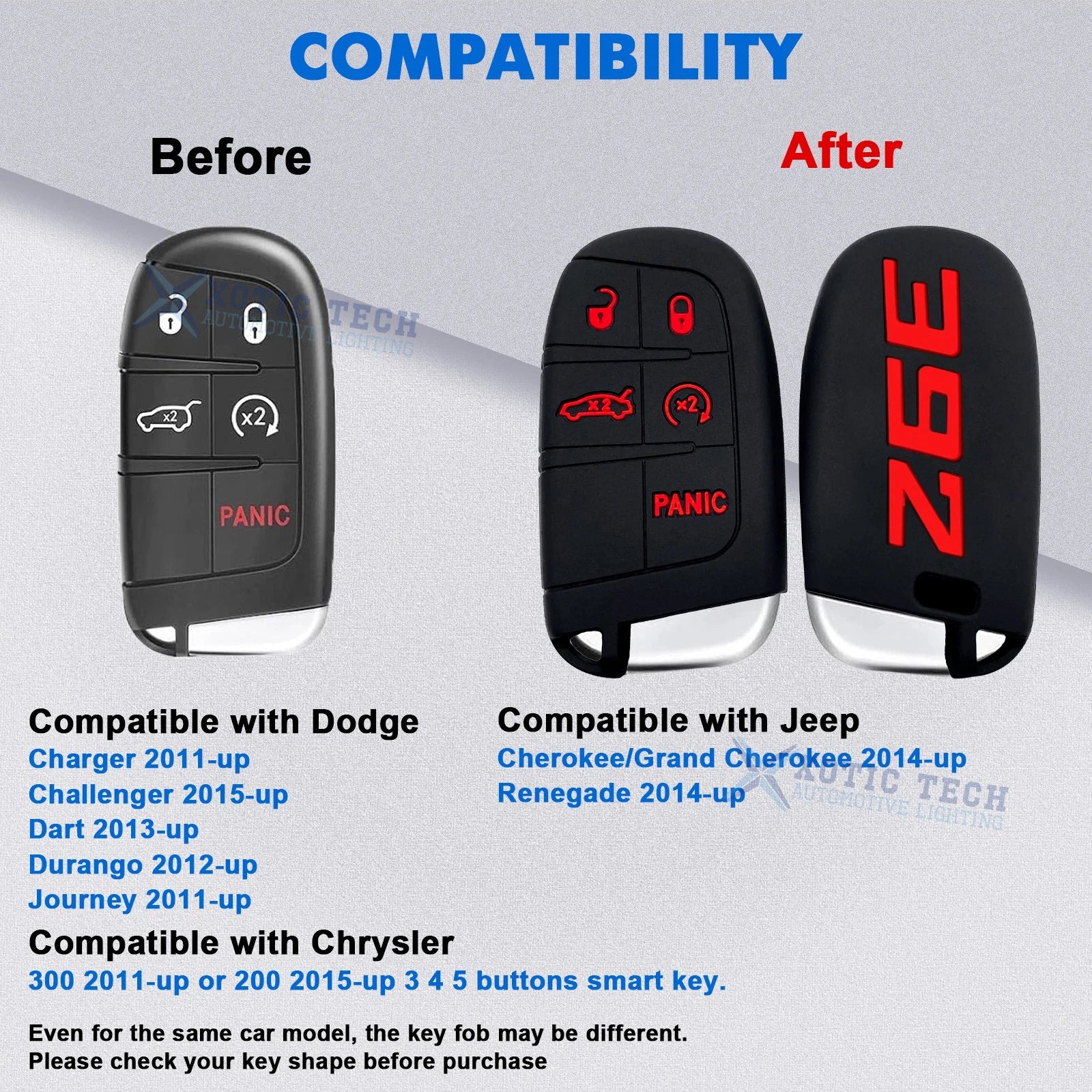 Silicone Remote Key Fob Shell Cover Case for Jeep Chrysler Dodge (2014-Up)