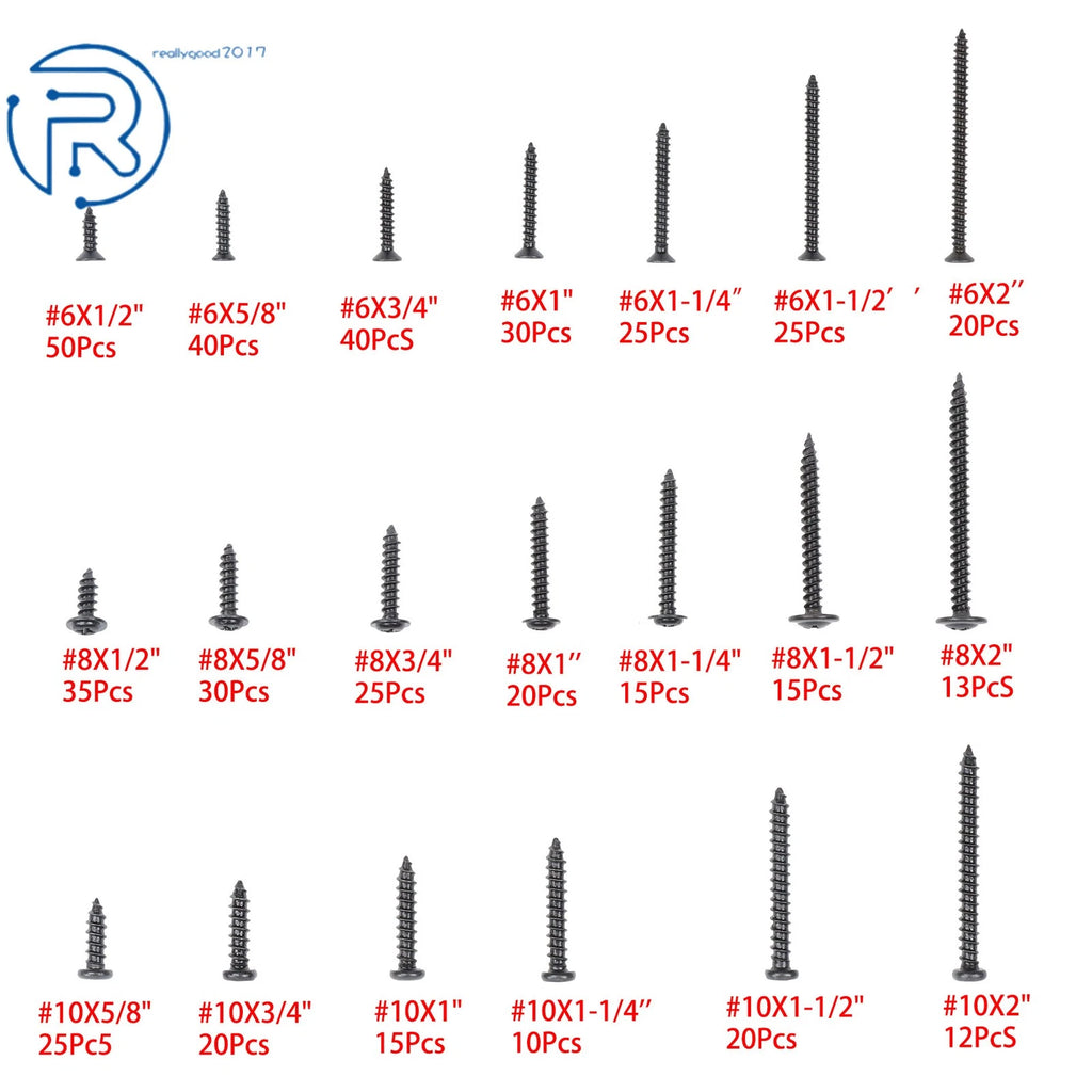 Set of 3 Black Wood Screws for Various Applications