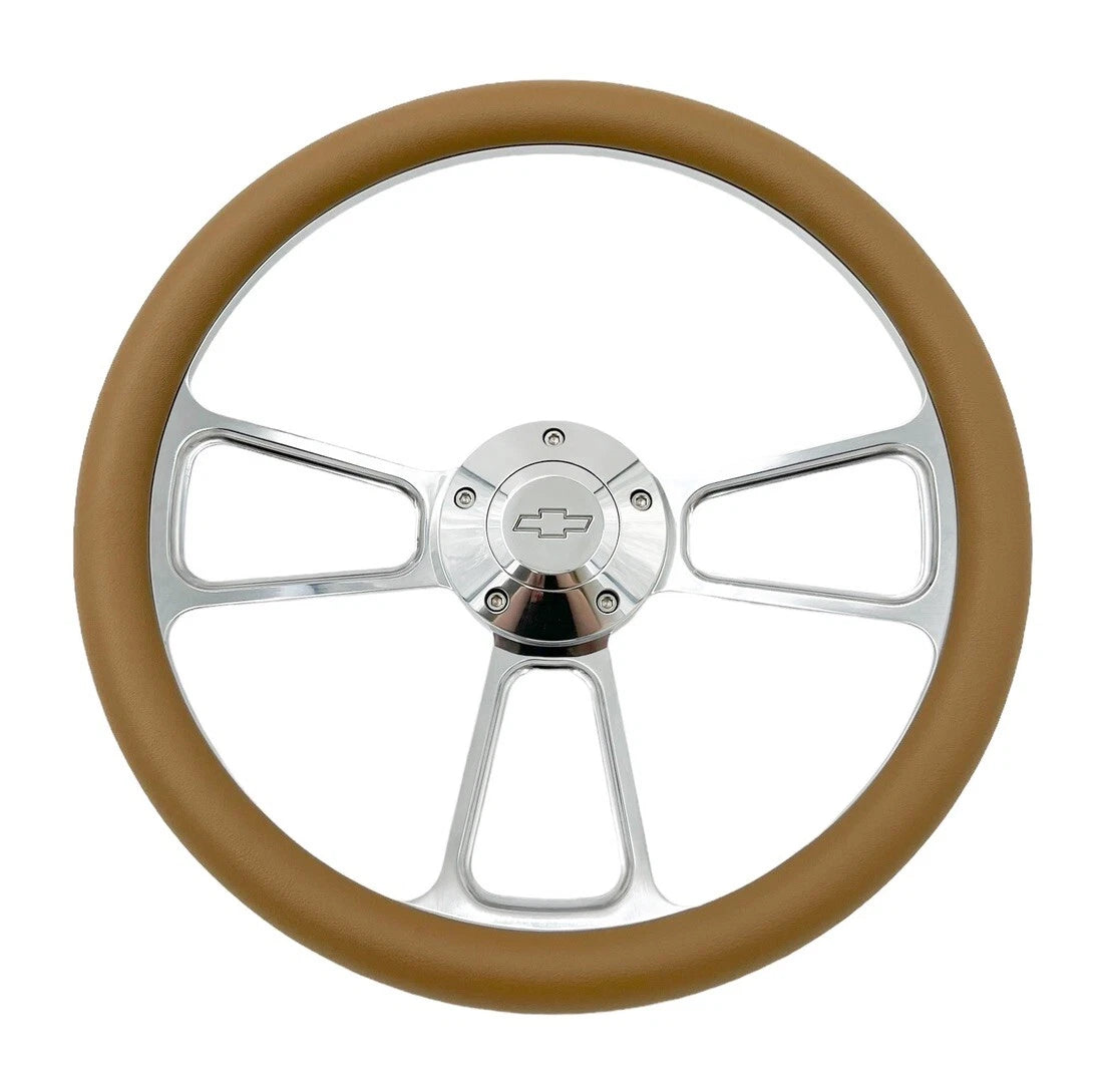 Billet Steering Wheel with Tan Wrap and Chevy Bowtie Horn for 14 Inch