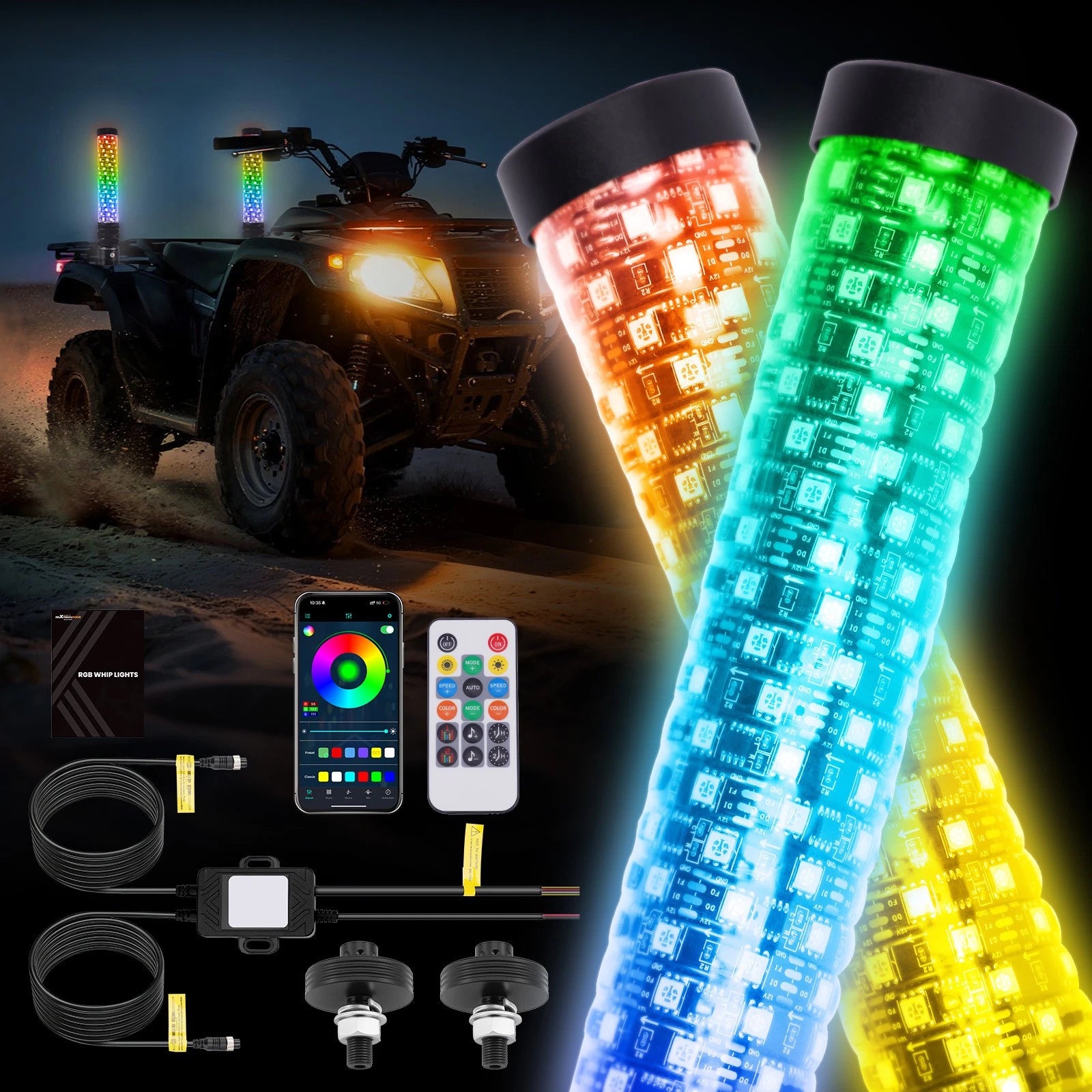 2X 1FT RGB LED Whip Lights for ATV UTV (1.9in Thick)