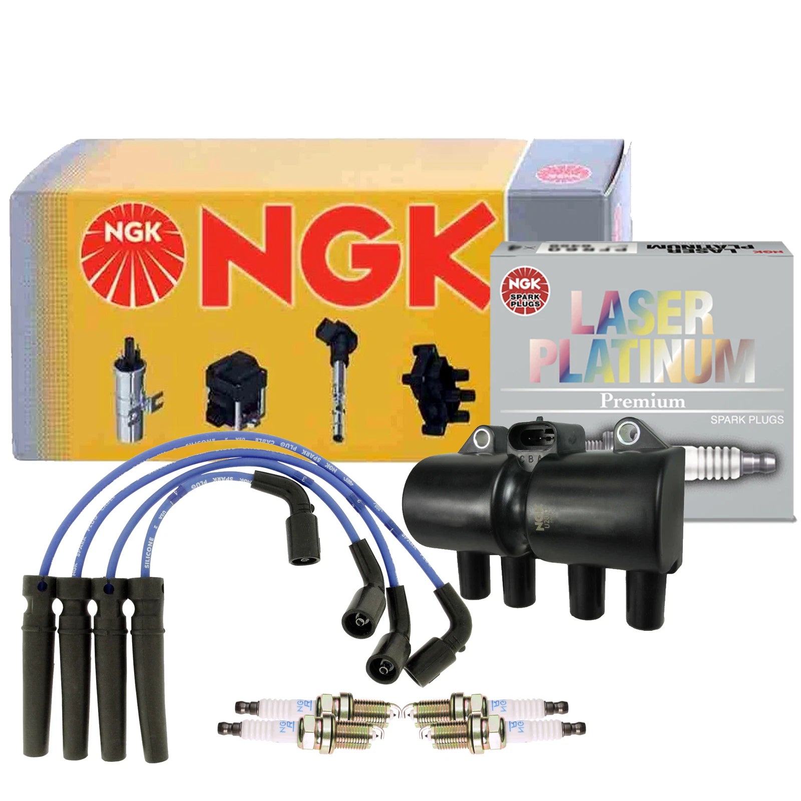 Set of 4 NGK DIS Ignition Coil Wires & Laser Platinum Spark Plugs for Chevy Aveo (2004–2011)