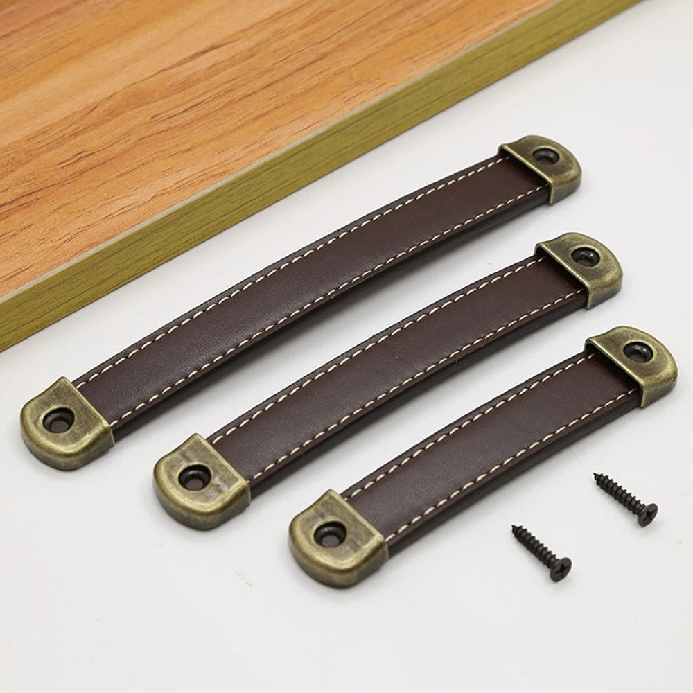 2Pcs Antique Leather Door Pull Handle for Cabinet Bookcase Drawer