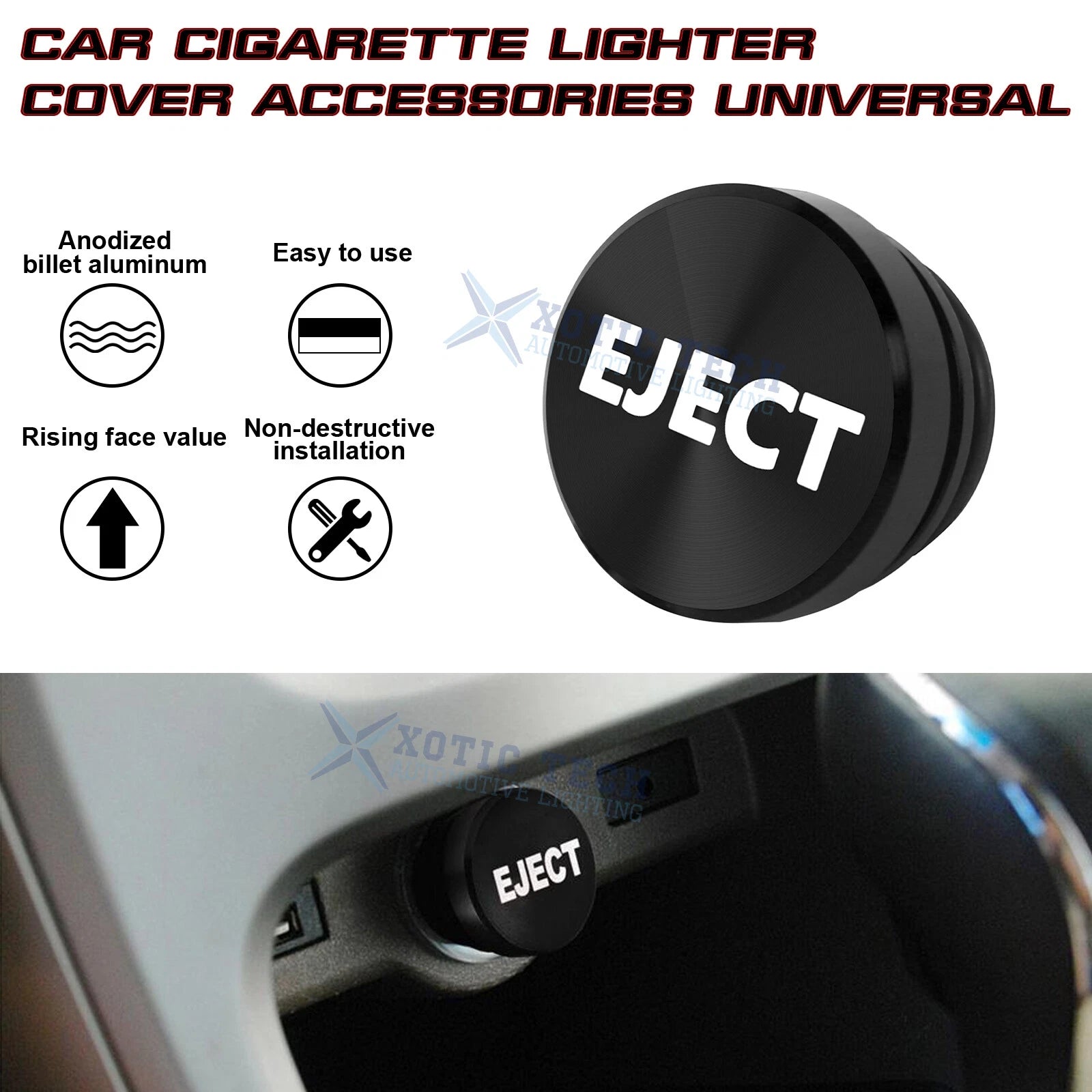 EJECT Cigarette Lighter Plug Cover for Black Alloy (12V-12V)
