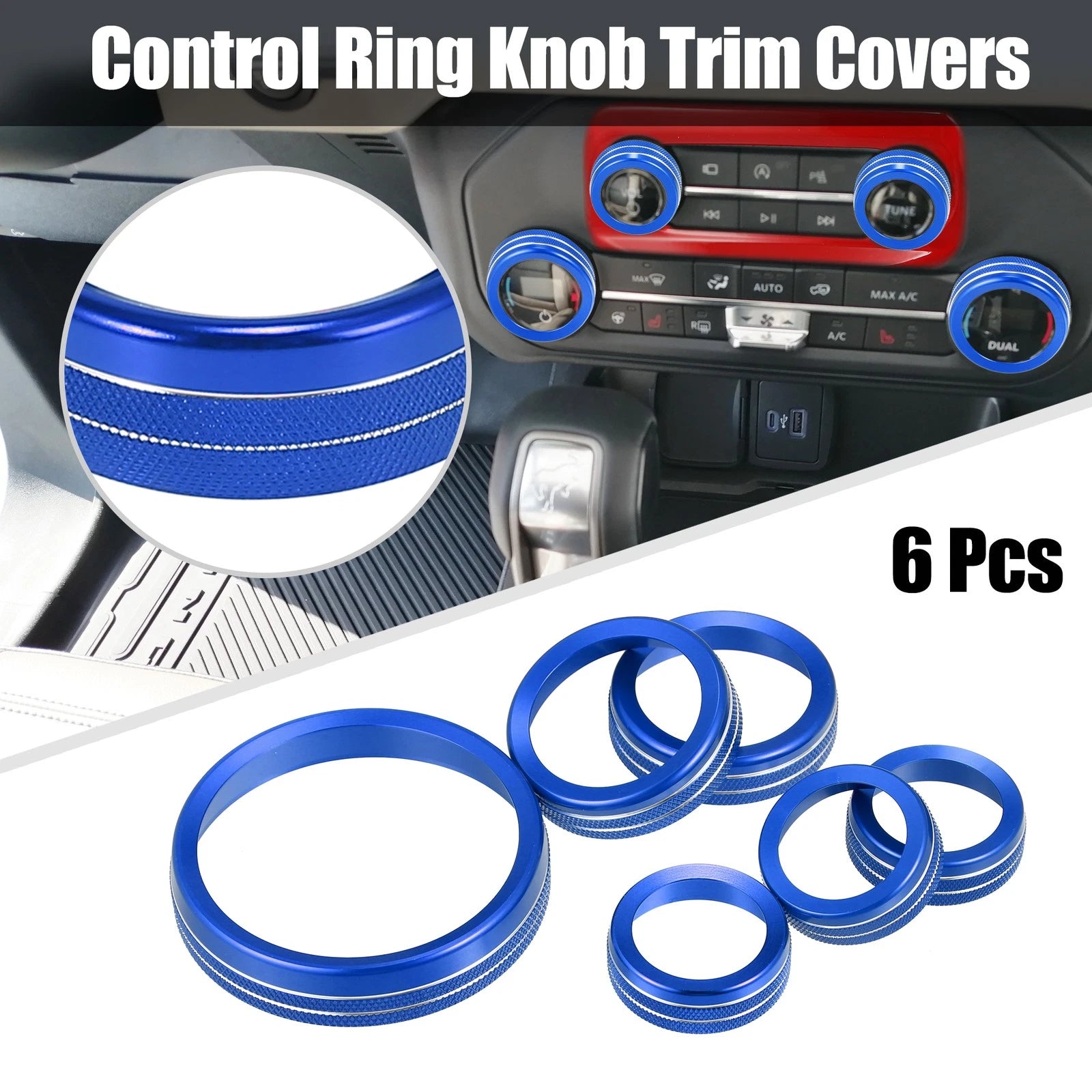 6pcs Blue Aluminum Alloy AC Control Knob Cover for Ford Bronco (2021–2022)