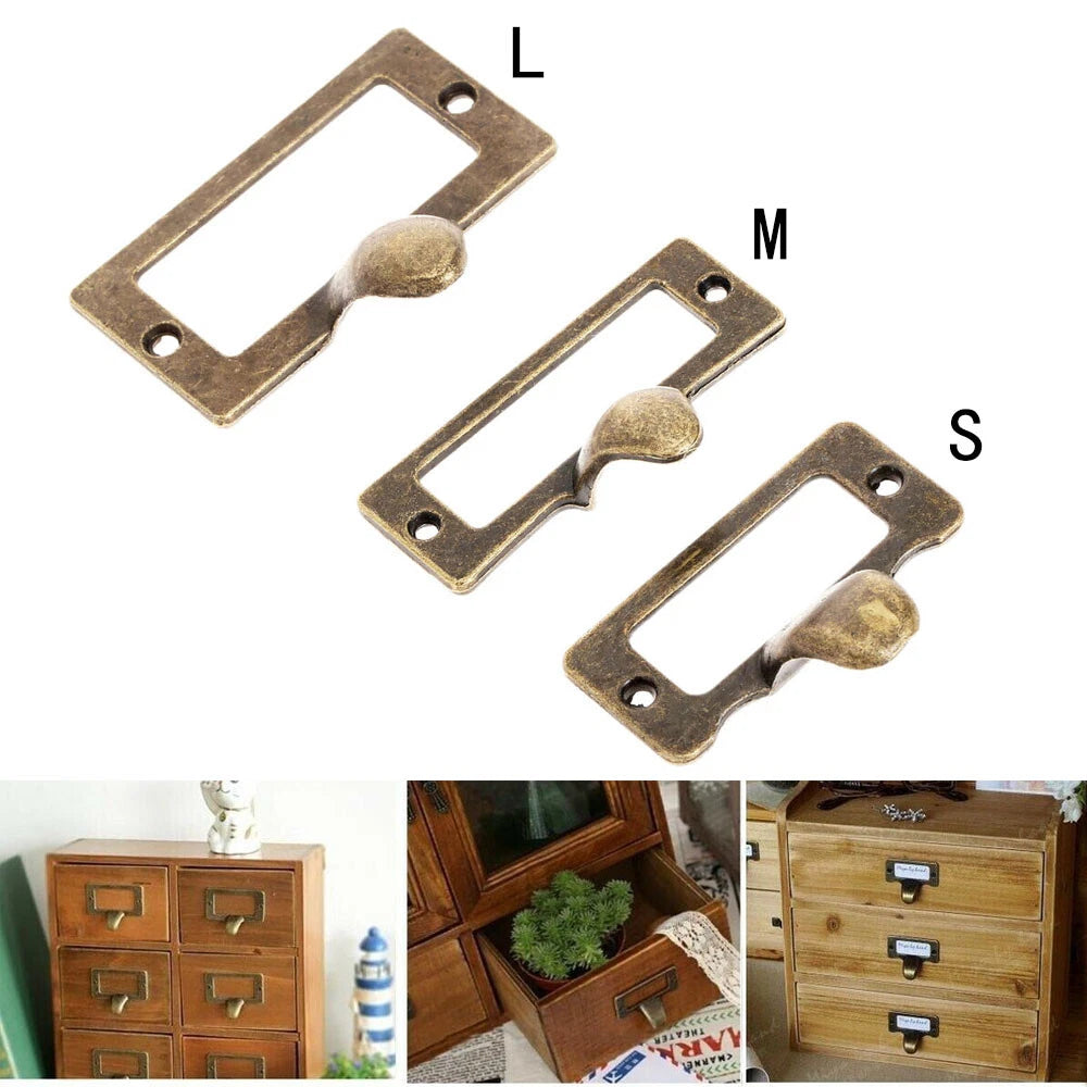 6X Metal Antique Bronze Drawer Label Tag Holder Frame Pull Handle