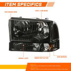 Headlight Lamps for Ford F250/F350 Super Duty (1994–2004) Smoked Housing Amber Corner