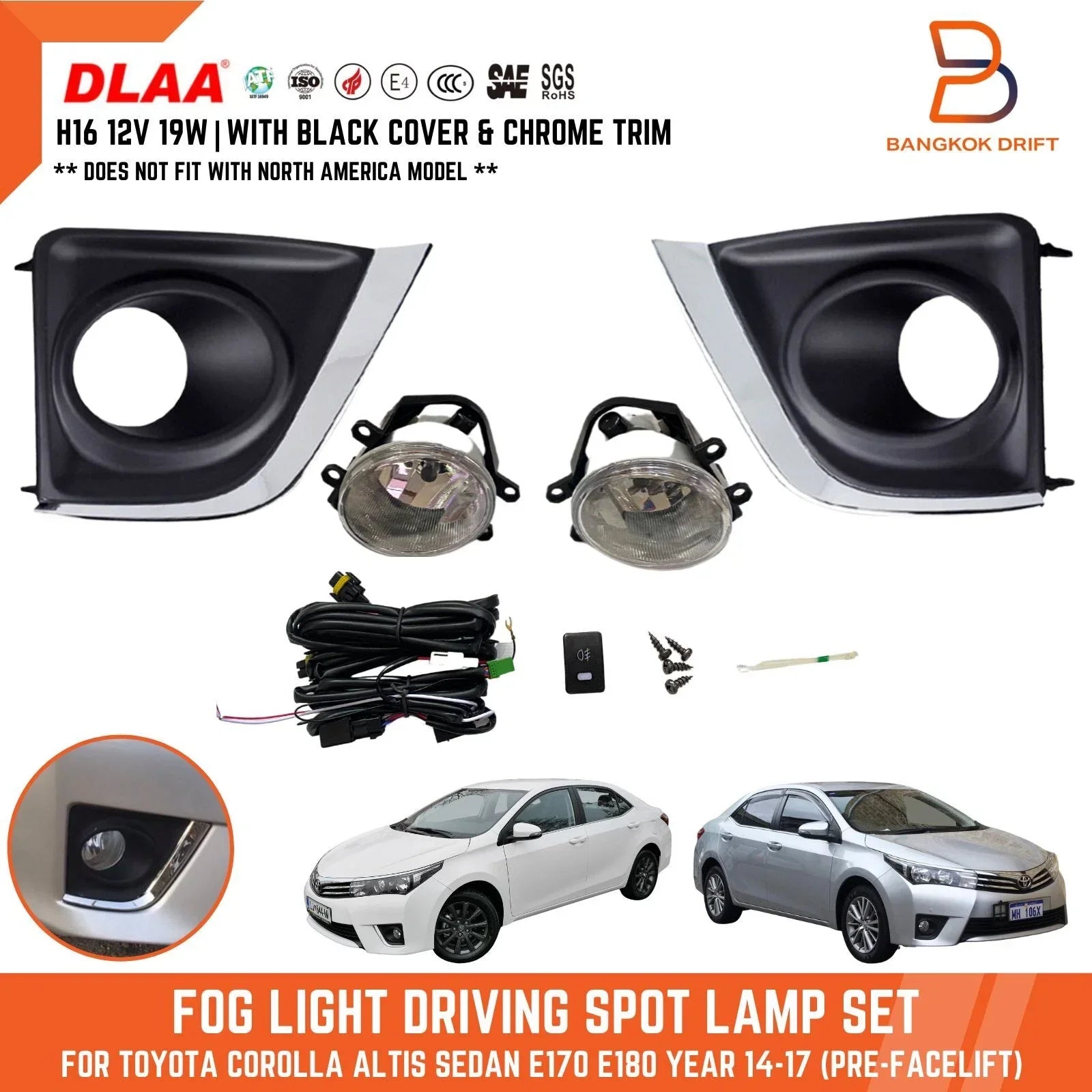 Chrome Fog Lamp Driving Light Set for Toyota Corolla Sedan (2014-2017)