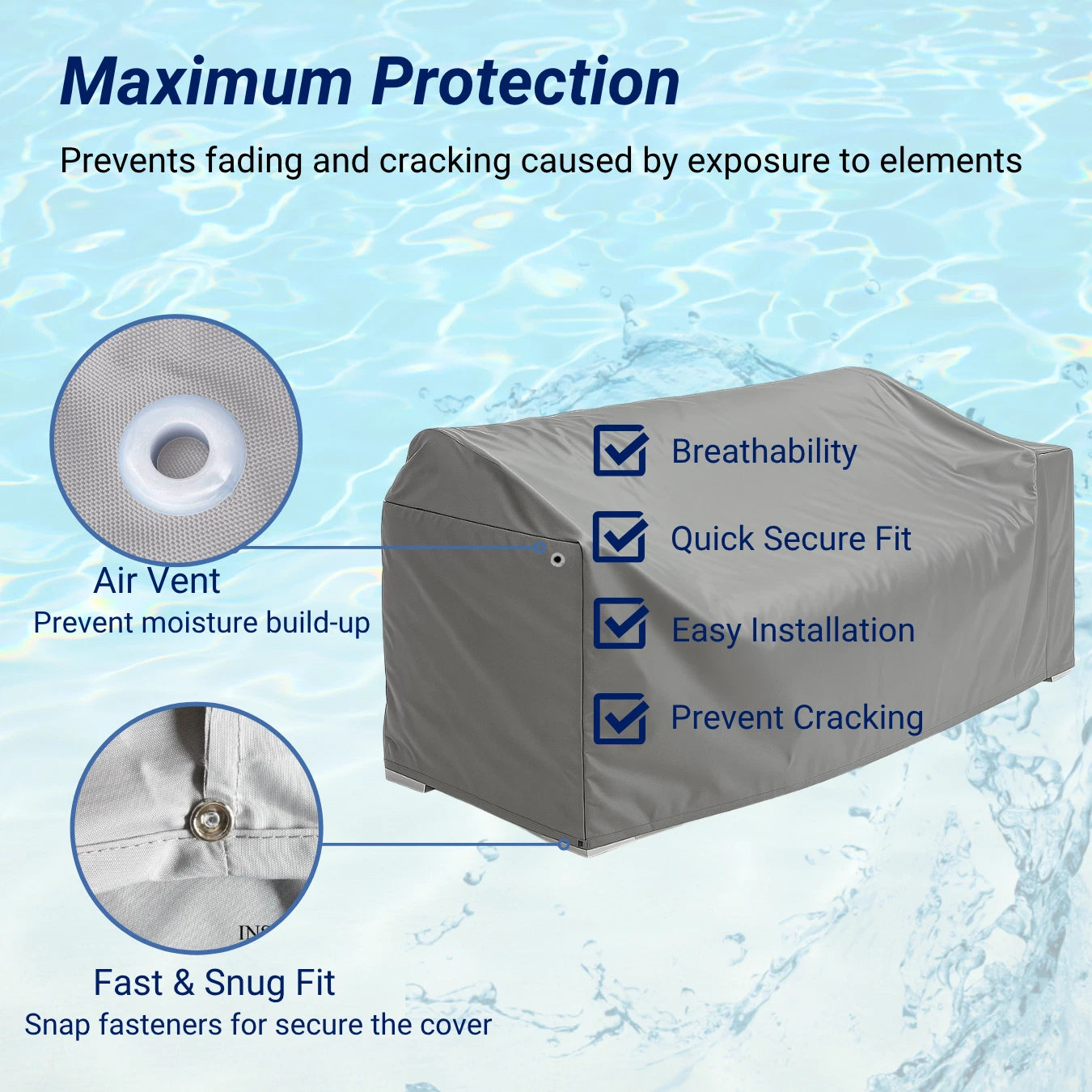 Waterproof Pontoon Lounge Seat Chair Cover 23"D x 60"W x 30"H Grey