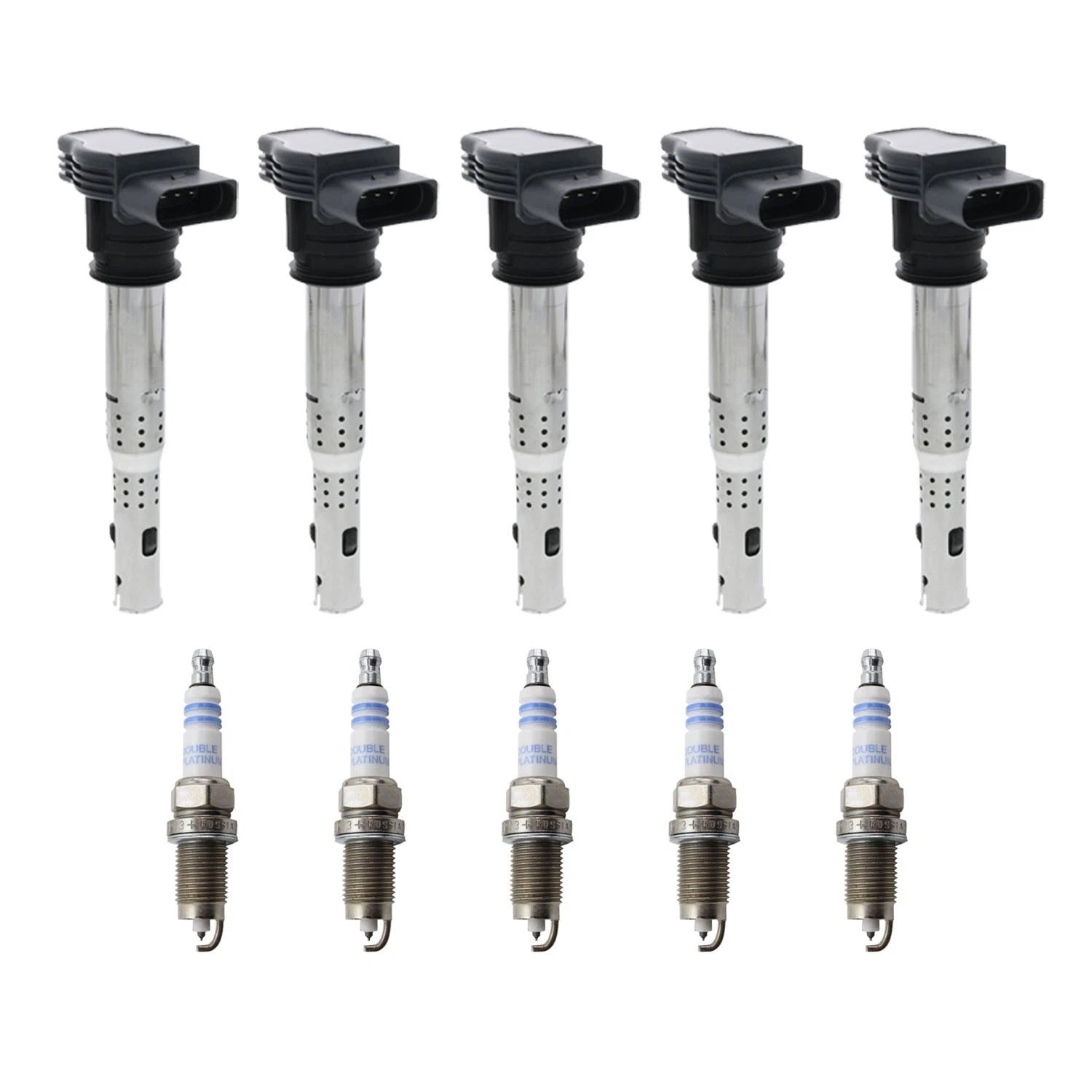 Set of 5 Ignition Coils & Bosch Platinum Spark Plugs for Volkswagen Audi 2.5L