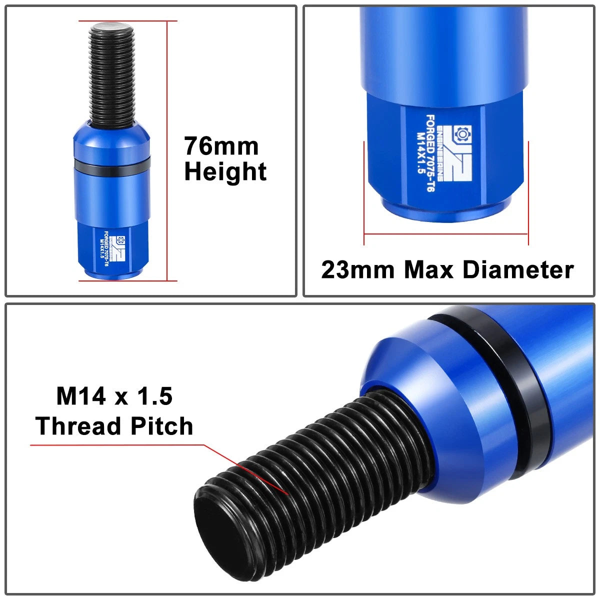 Set of 20 Closed End Lug Nuts M14x1.5 for Universal Fit (23mm OD, 76mm Height)