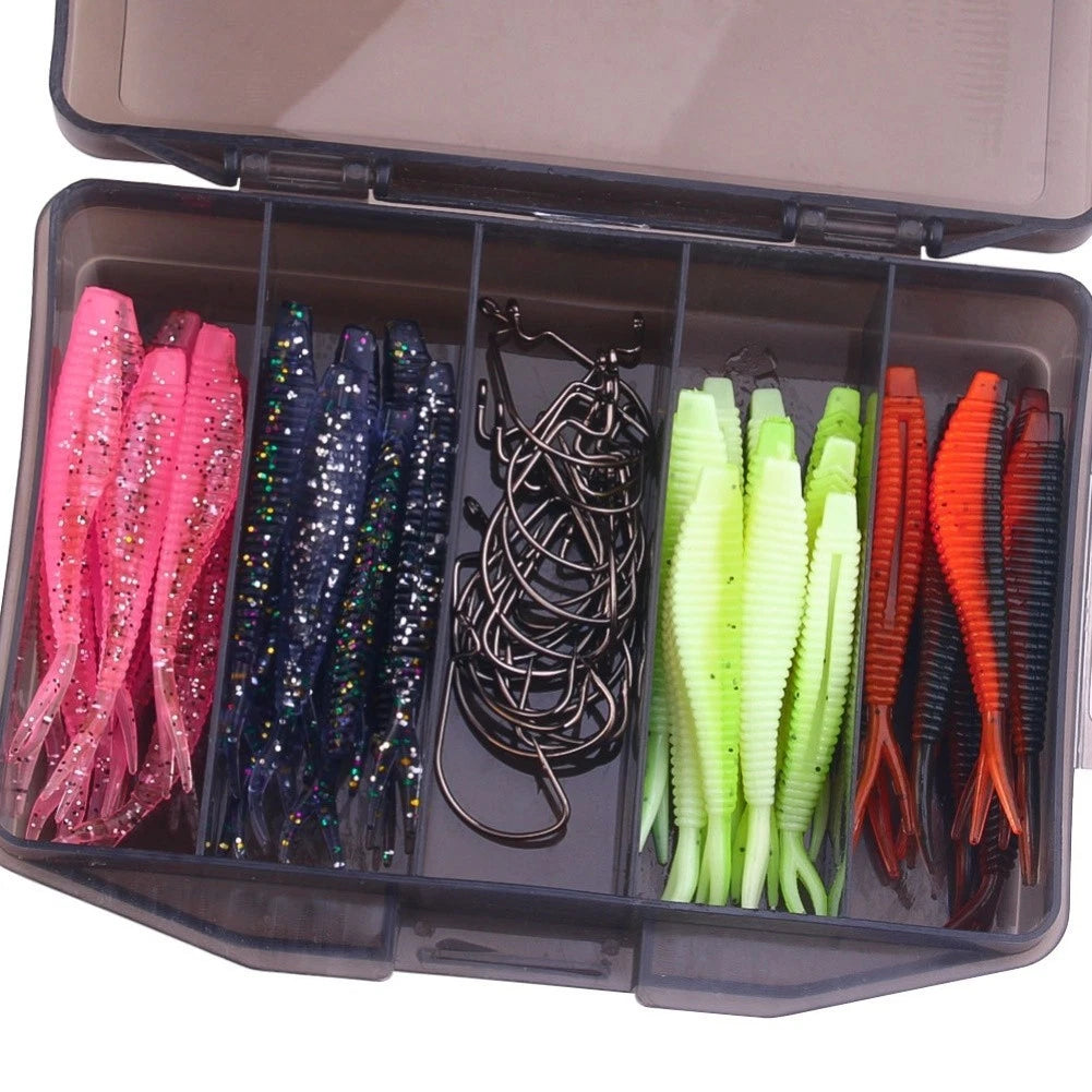 Set of 60 Soft Fishing Lures 6cm with Hooks and Storage Box for Freshwater Fish