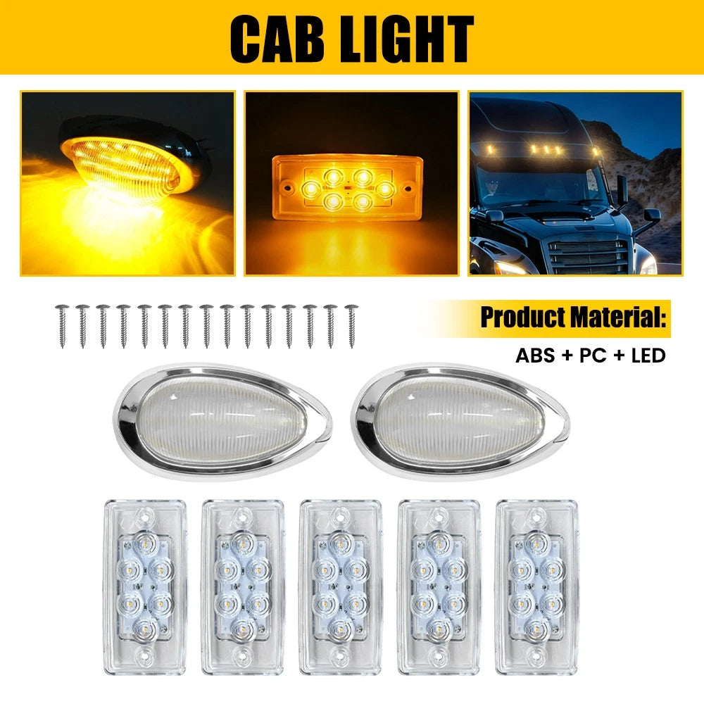 5x Clear LED Clearance Roof Light + 2x Side Marker Lamp for Freightliner Truck (EXV)