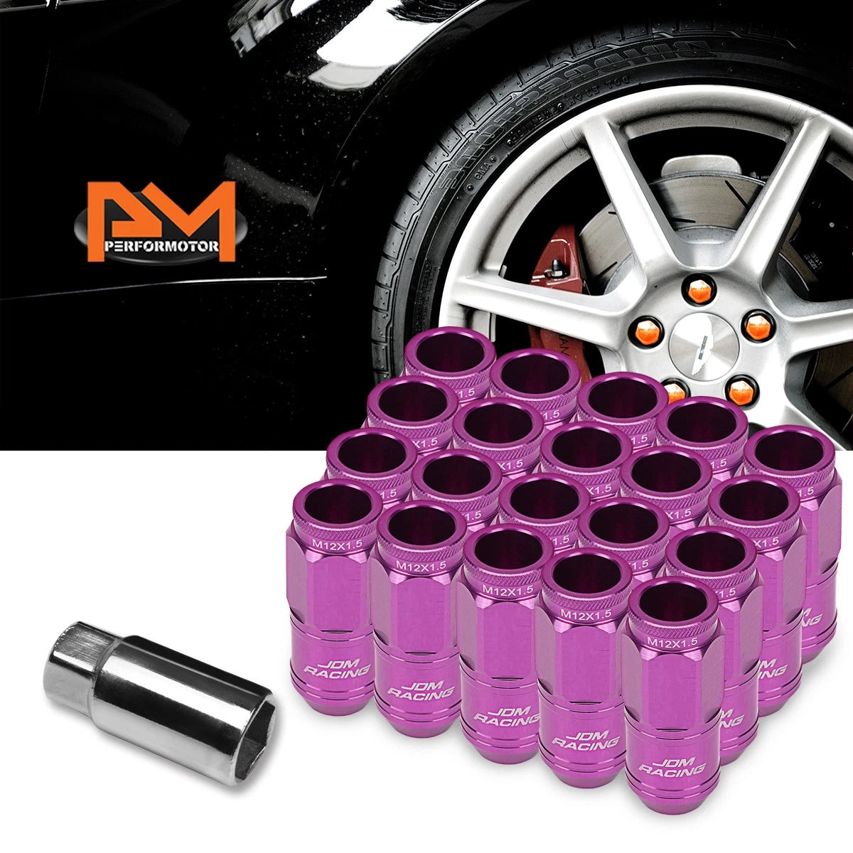 Set of 20 M12X1.5 Purple JDM Open End Cone Wheel Lug Nuts + Spline Lock Key