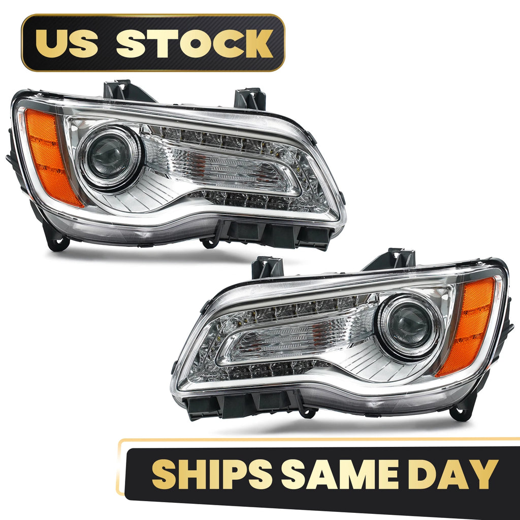 HID/Xenon Headlight Chrome for Chrysler 300 (2011–2014) Left+Right Pair