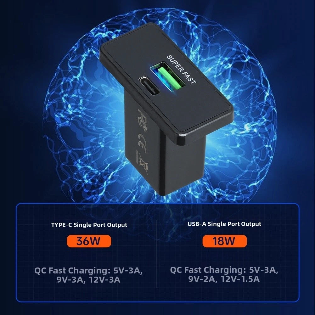 Car Charger for QC3.0 PD Protocols (12V 24V) Type-C USB Square Style