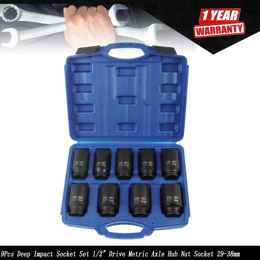 Set of 9 Deep Impact Sockets for Axle Hub Nut (1/2" Drive, 29-38mm)