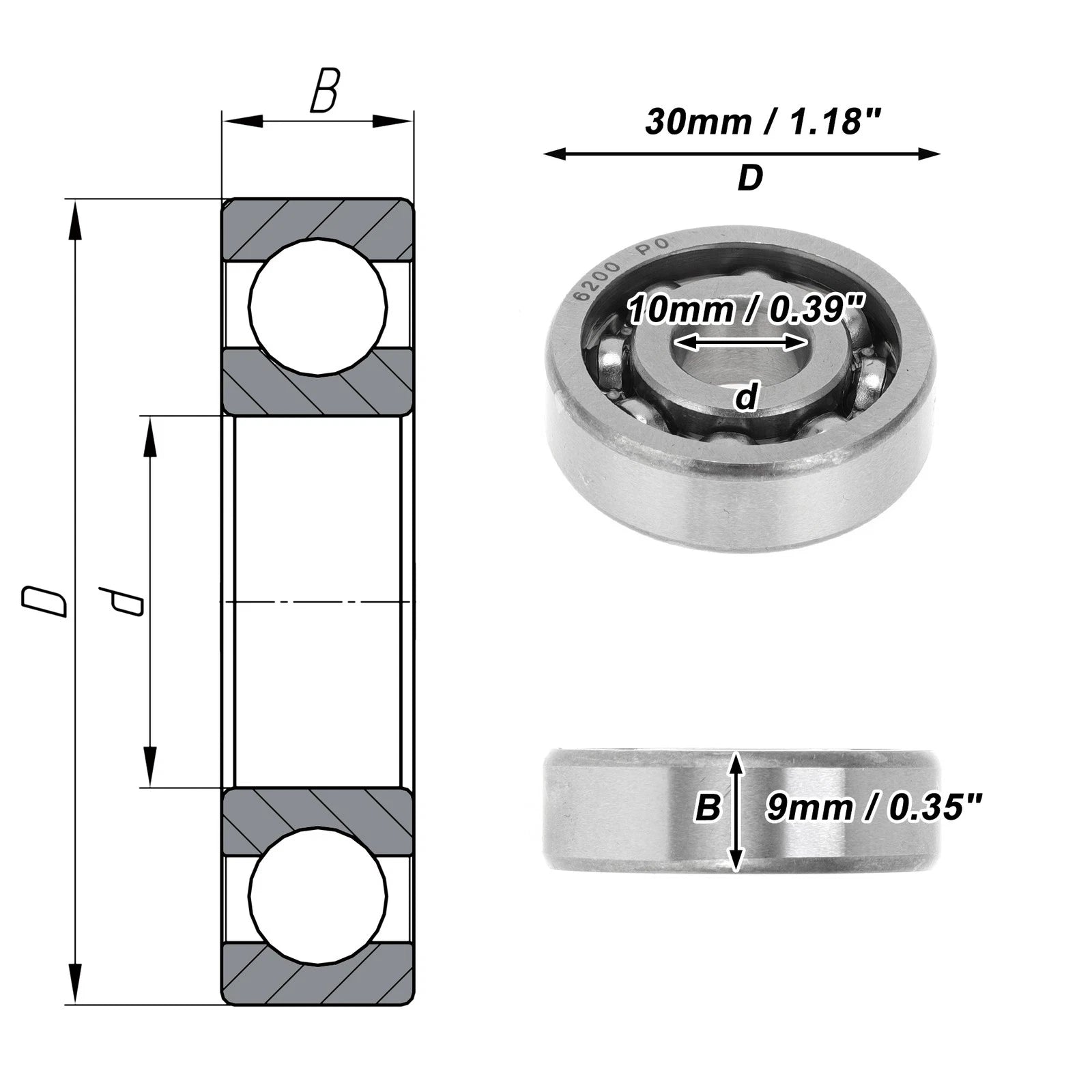 6200 Deep Groove Ball Bearing for Scooter Skateboard Wheel (P0 10x30x9mm)