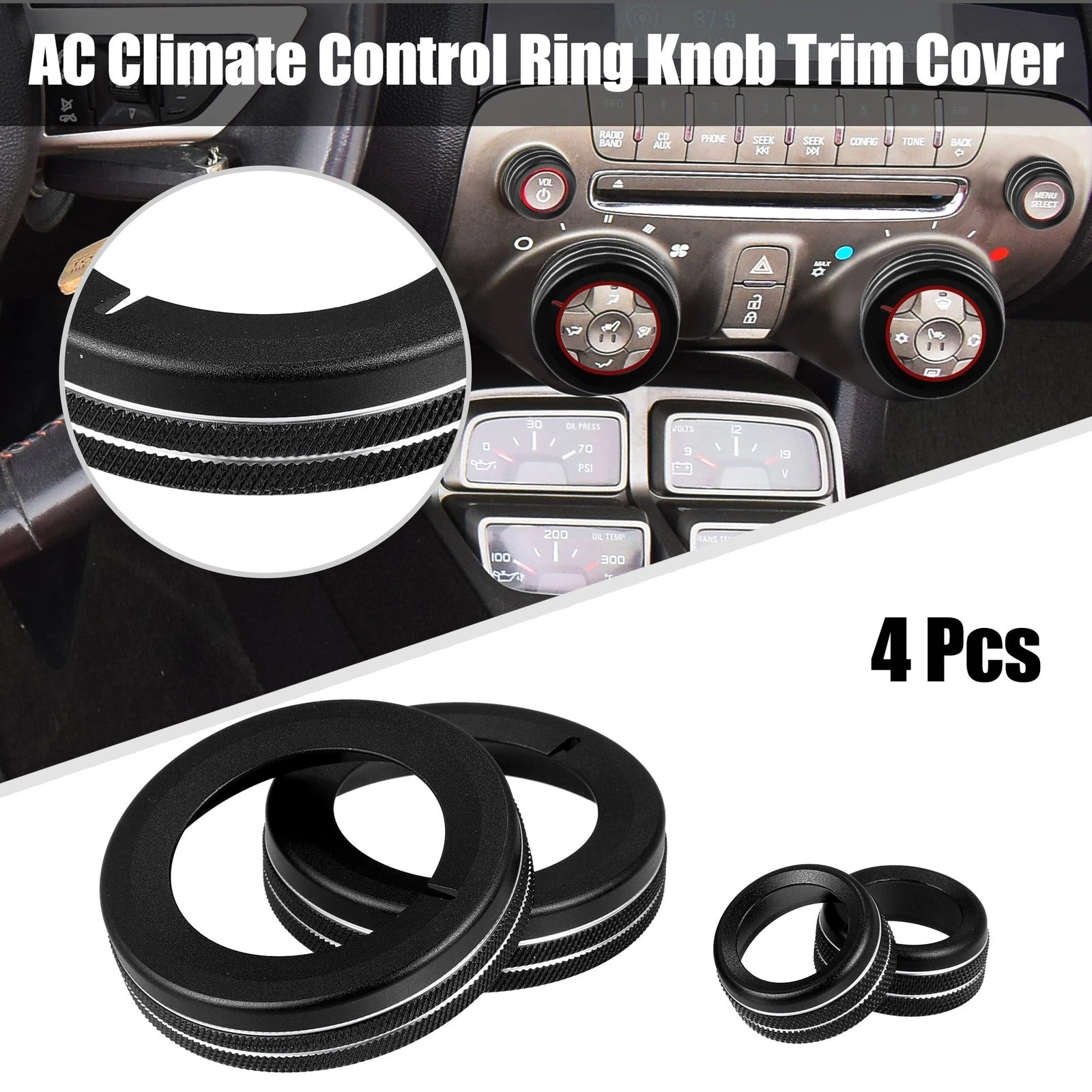 Set of 4 Black Aluminum Alloy Center Control Ring Knob Covers for Chevrolet Camaro 