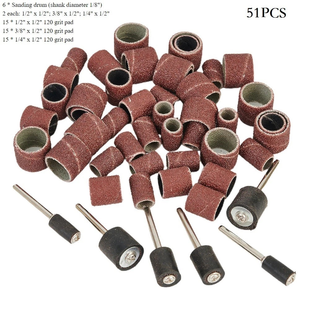 Sanding Drum Band Mandrel Set for Rotary Tool (1/2in, 3/8in, 1/4in, 120 Grit)