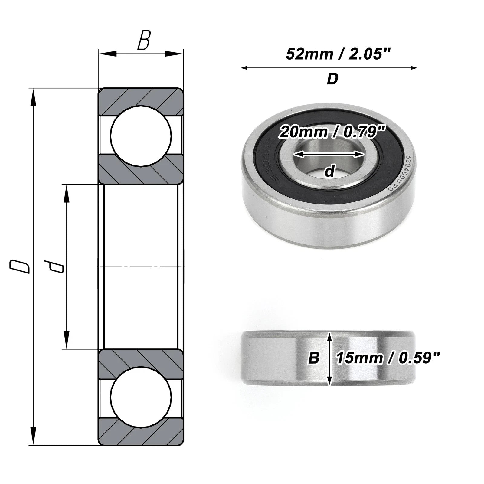 Deep Groove Ball Bearing 6304DDU for Scooter Skateboard (20x52x15mm)