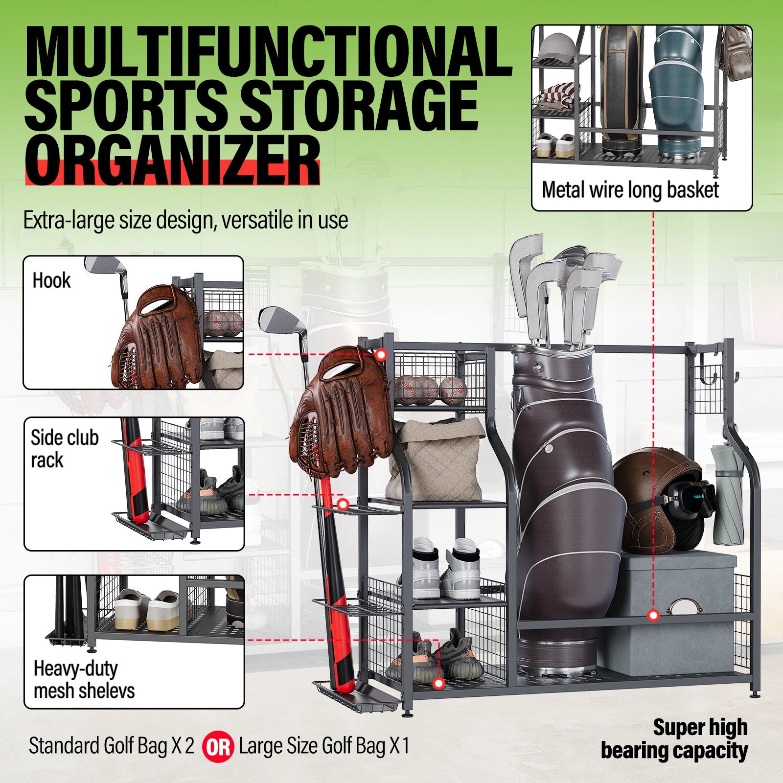 Golf Bag Storage Stand for Golf Clubs (Garage Organizer)