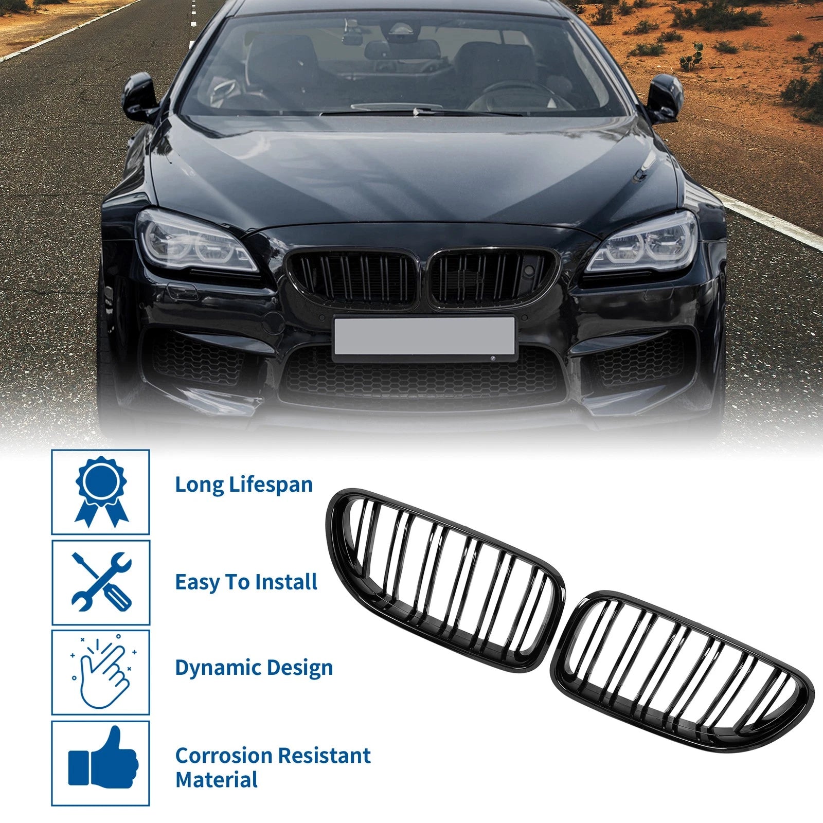 Pair Hood Kidney Grille Covers for BMW F06 (2012–2018) Glossy Black