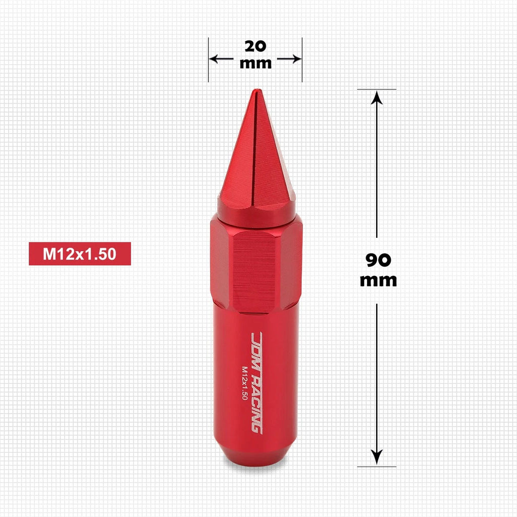 Set of 20 M12X1.5 Red JDM Hex Spiked Cap Wheel Lug Nuts + 20mm Extension