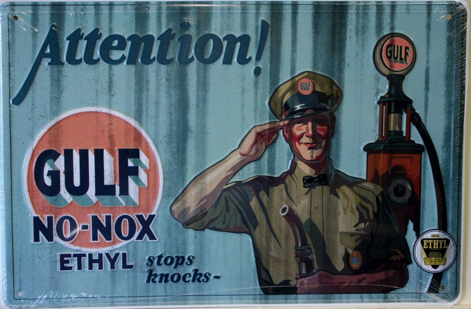Vintage Replica Tin Metal Sign for Gas Station (Gulf No Nox Ethyl)