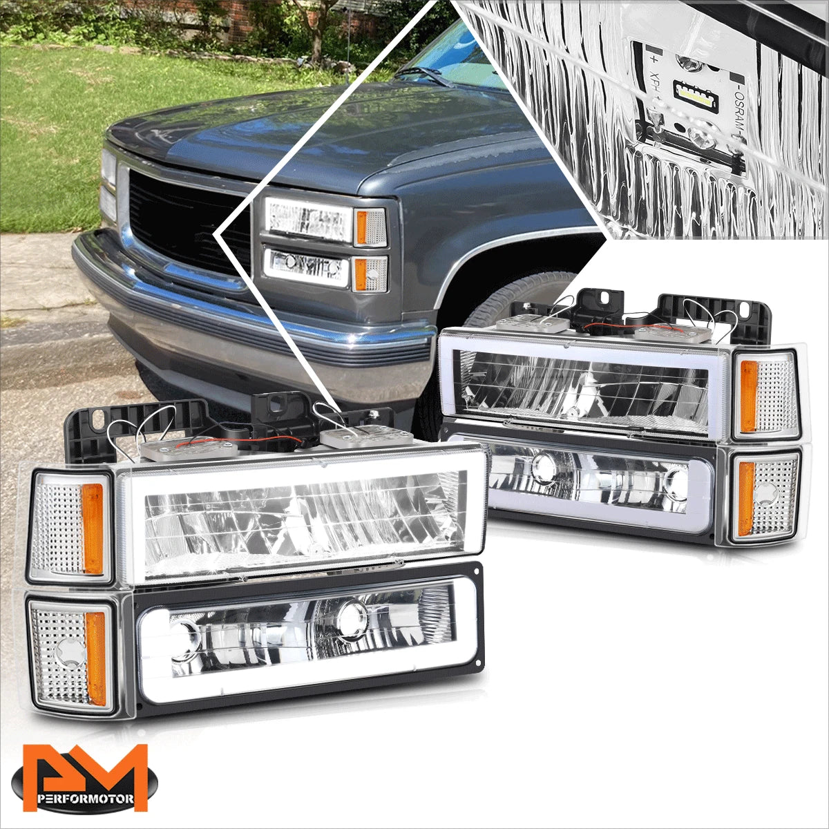 Bumper Headlight Set for GMC C/K Suburban (1994–2000) Black Housing Amber Corner