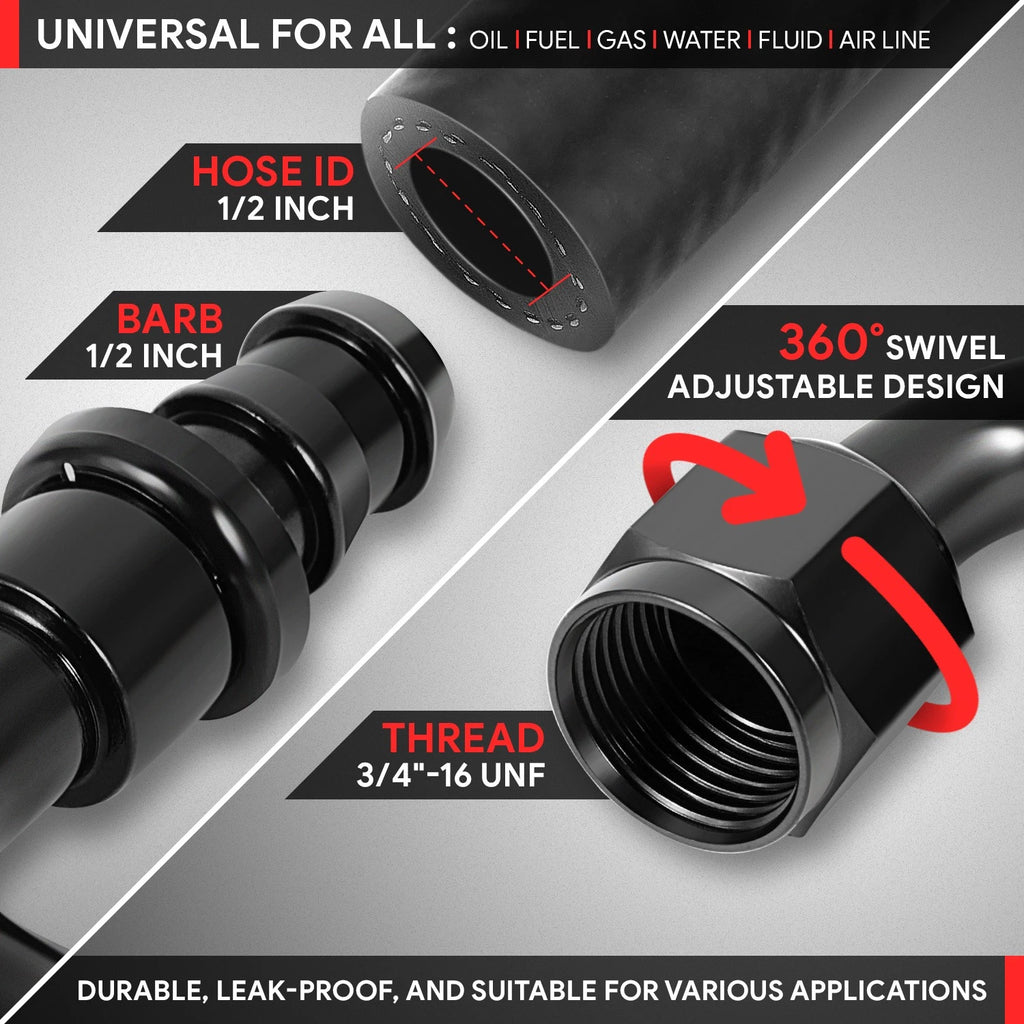 8AN to 1/2" Barb T6061 180° Push Lock Hose End Fittings (Universal)
